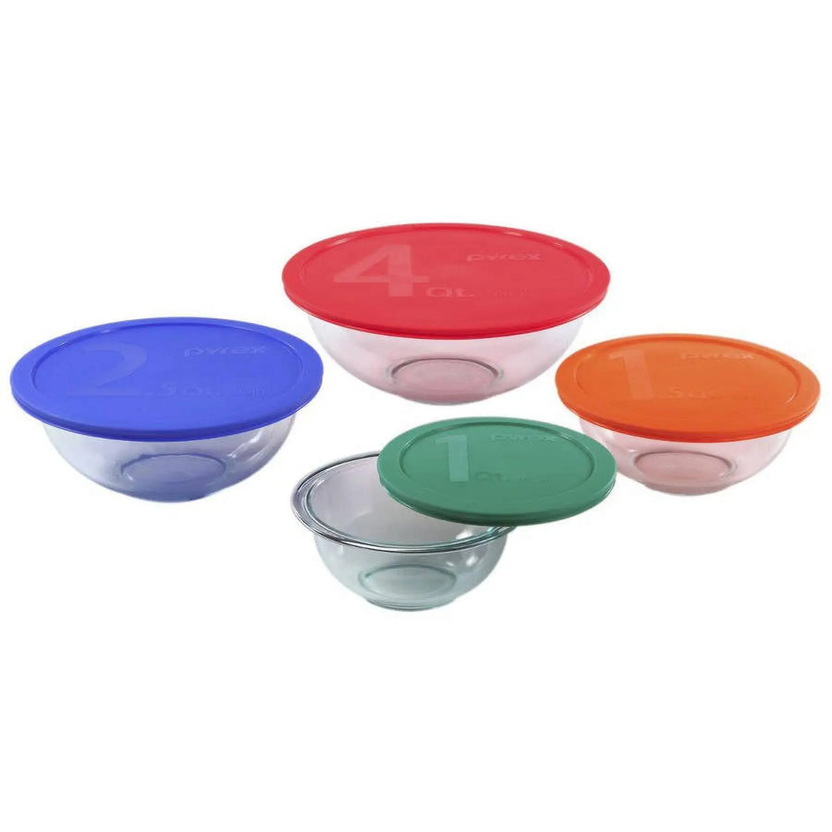 Pyrex 8-piece mixing bowl set with colorful lids
