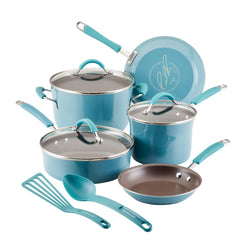 Rachael Ray Cucina 10 Piece Porcelain Enamel Nonstick Pots and Pans Set, Agave Blue Hand C Mart