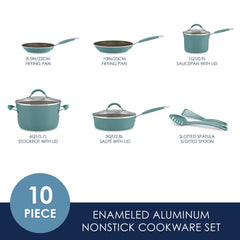 Rachael Ray Cucina 10 Piece Porcelain Enamel Nonstick Pots and Pans Set, Agave Blue Hand C Mart