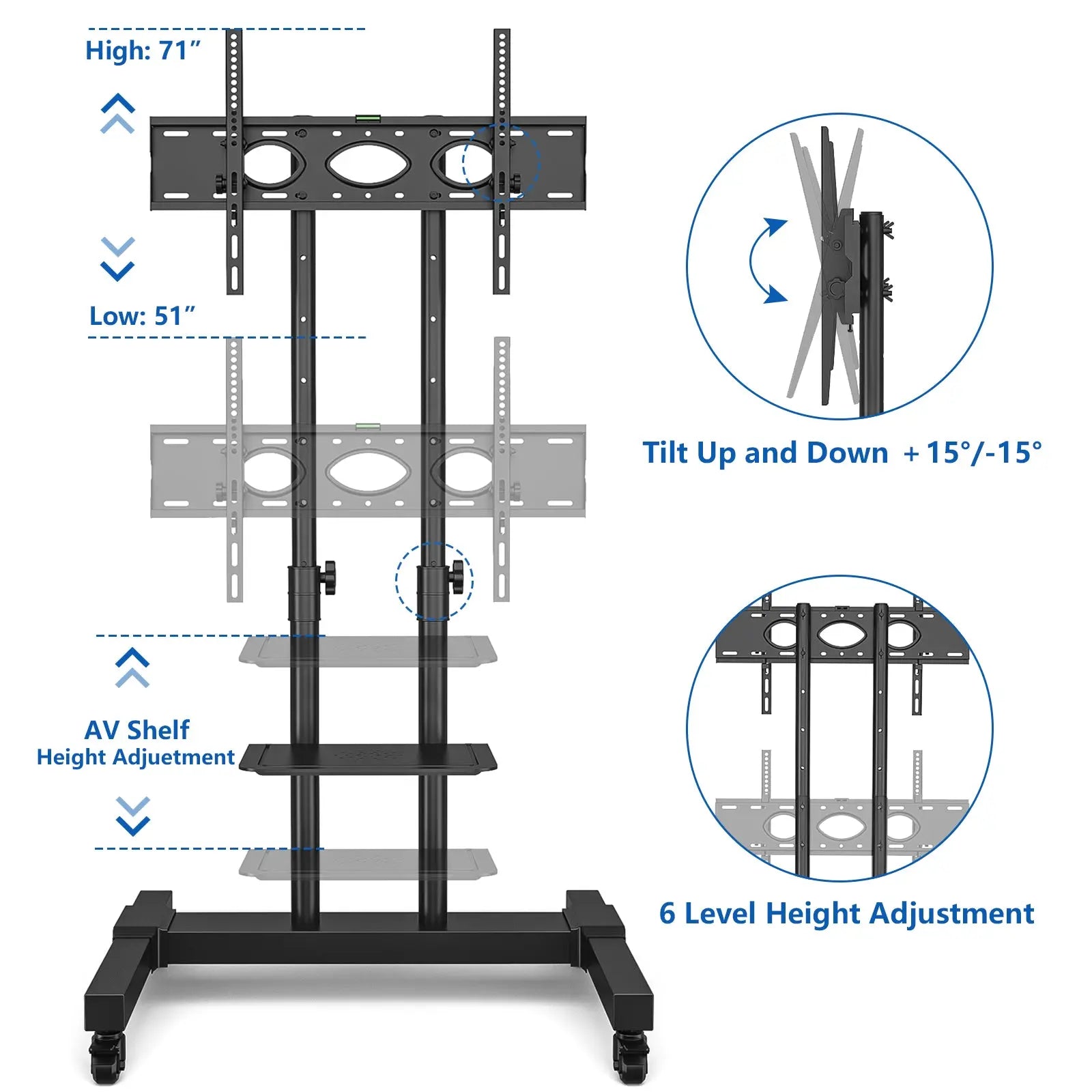 Rolling TV Stand Wheels for TVs up to 80 inch Tilt Upgraded TV Cart, Black Hand C Mart