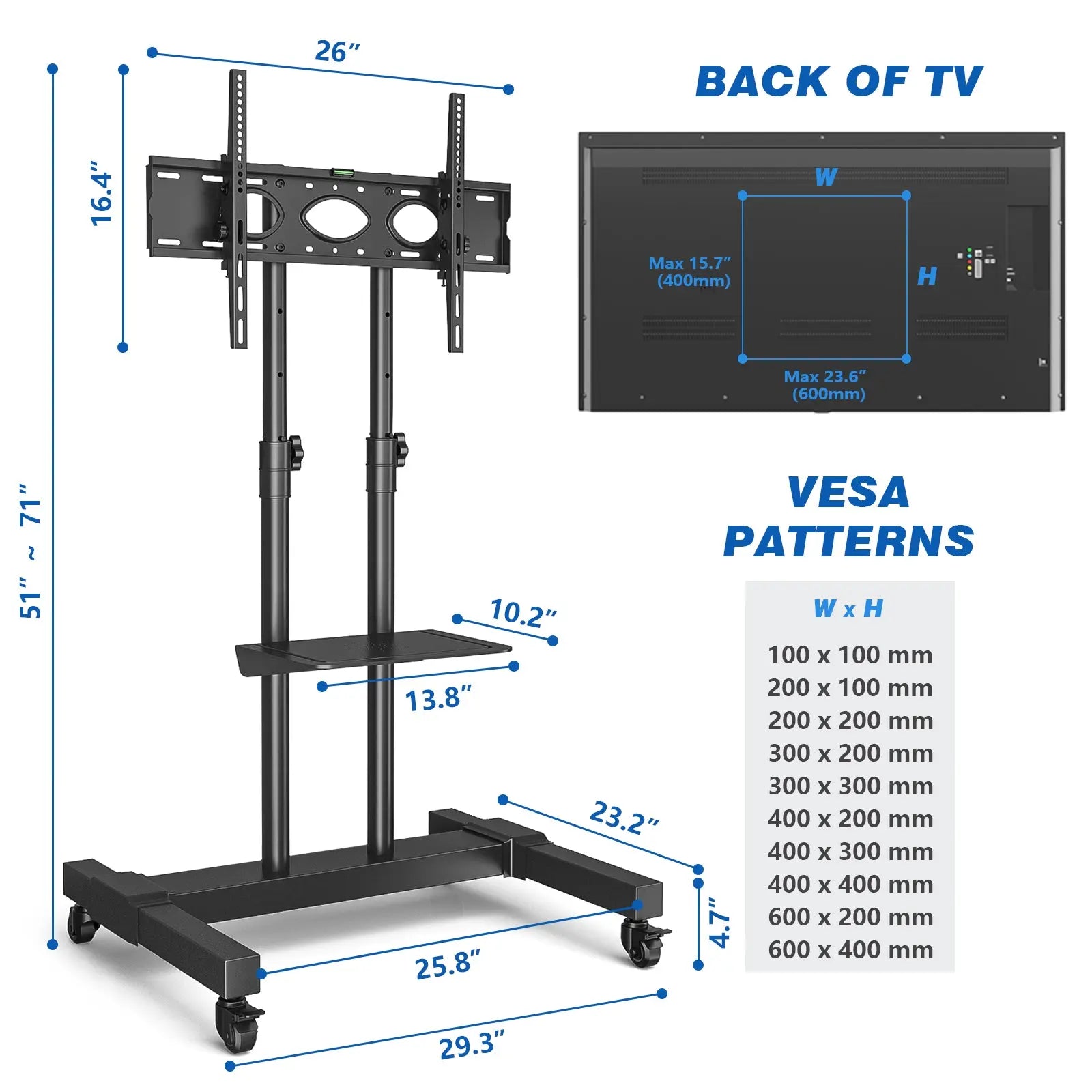 Rolling TV Stand Wheels for TVs up to 80 inch Tilt Upgraded TV Cart, Black Hand C Mart