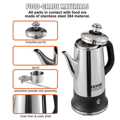 SKYSHALO 12-Cup Electric Percolator Coffee Pot Stainless Steel Coffee Maker Silver Hand C Mart