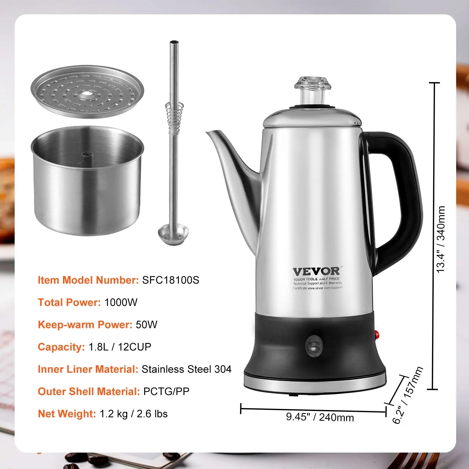 SKYSHALO 12-Cup Electric Percolator Coffee Pot Stainless Steel Coffee Maker Silver Hand C Mart