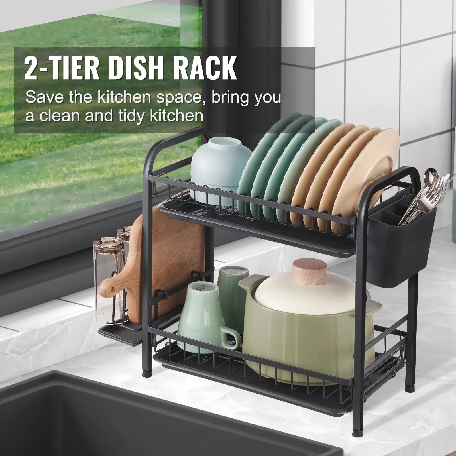 SKYSHALO 2-Tier Dish Drying Rack Dish Drainer Carbon Steel Kitchen Utensil Rack Hand C Mart