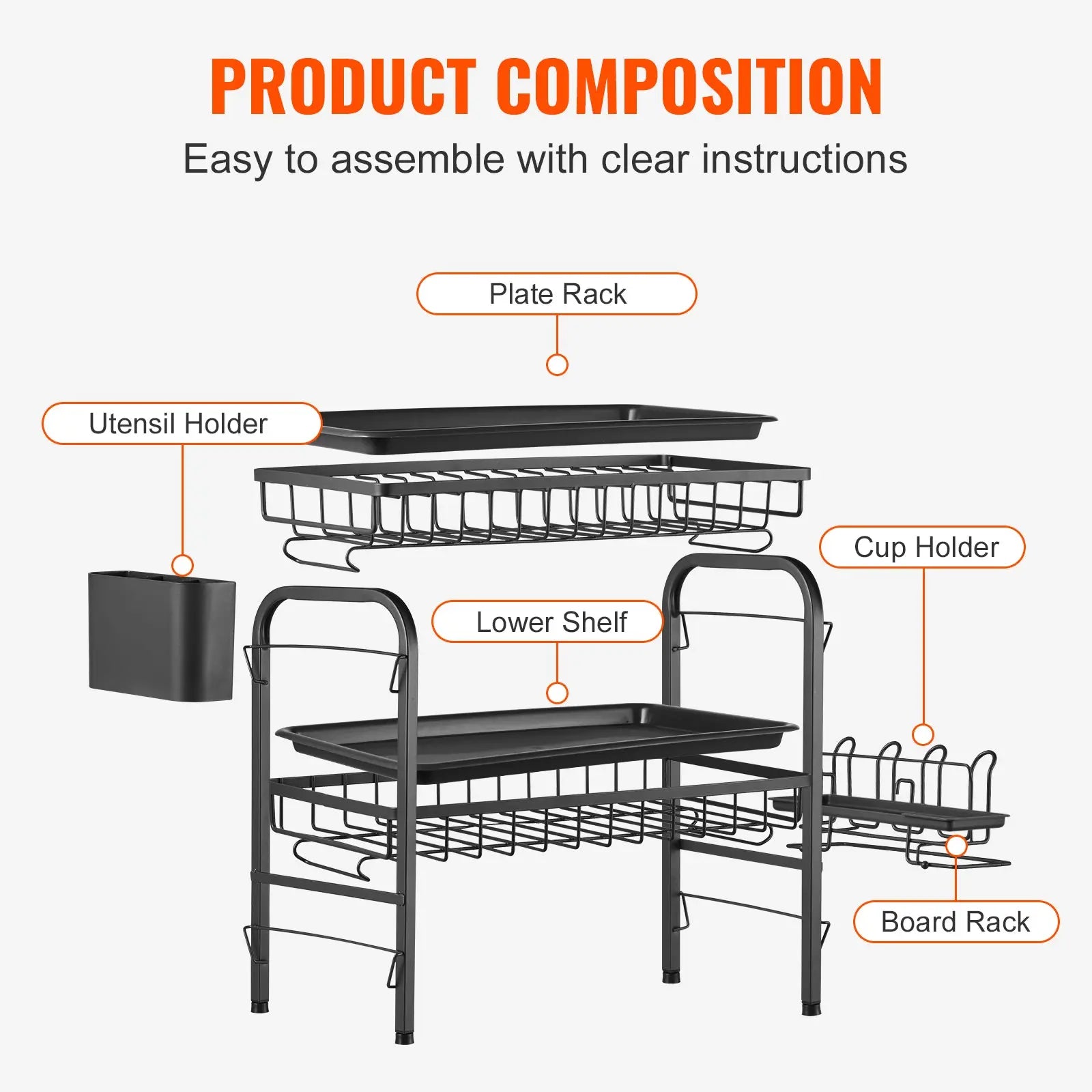 SKYSHALO 2-Tier Dish Drying Rack Dish Drainer Carbon Steel Kitchen Utensil Rack Hand C Mart