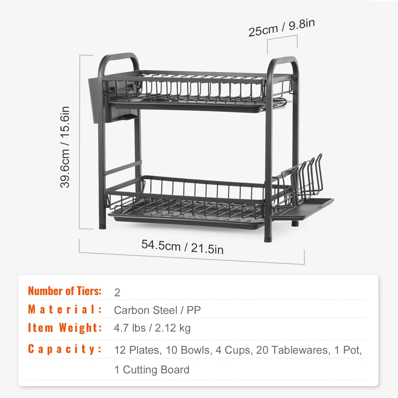 SKYSHALO 2-Tier Dish Drying Rack Dish Drainer Carbon Steel Kitchen Utensil Rack Hand C Mart