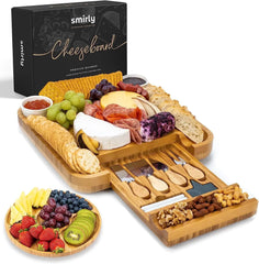 SMIRLY Charcuterie Board Set Large Bamboo Cheese Board with Fruit Tray & 2 Ceramic Bowls Hand C Mart