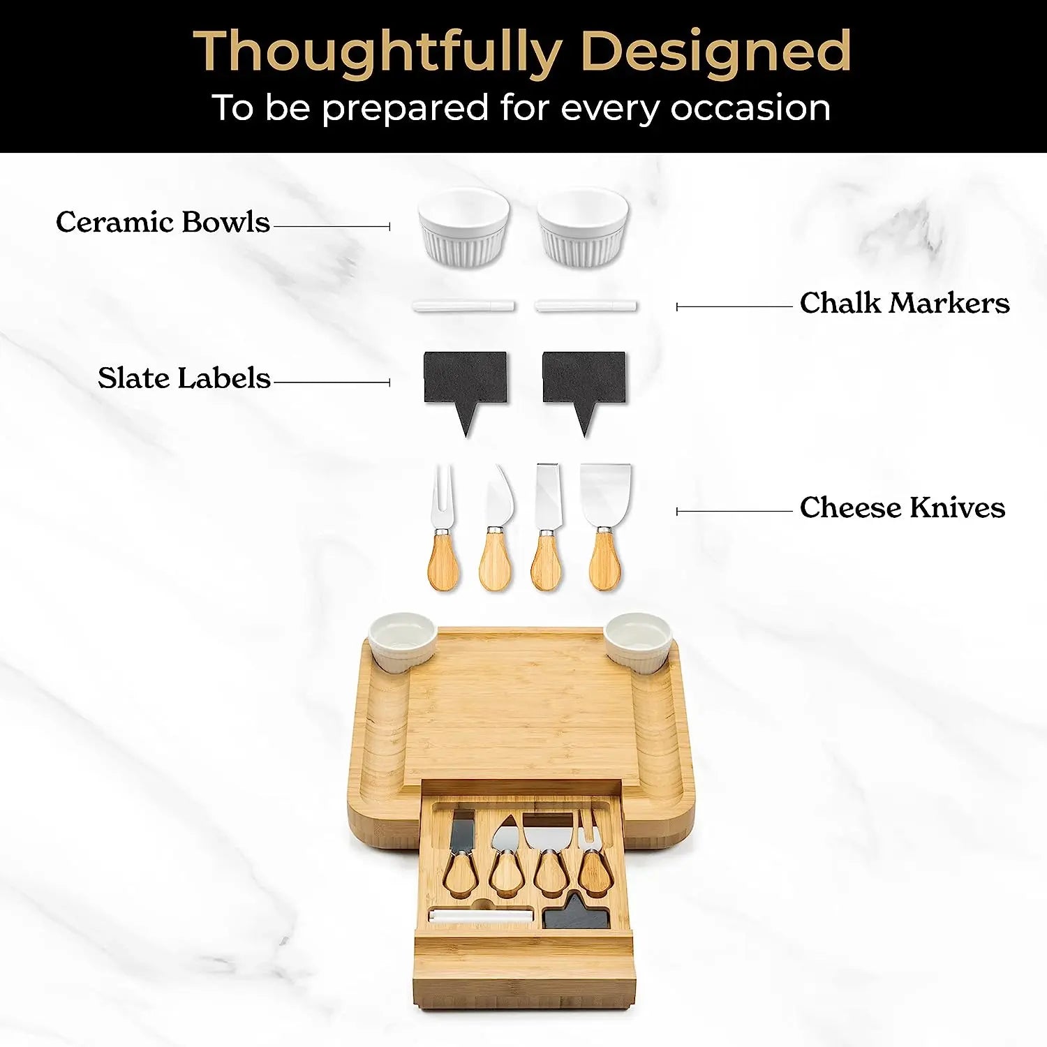 SMIRLY Charcuterie Board Set Large Bamboo Cheese Board with Fruit Tray & 2 Ceramic Bowls Hand C Mart