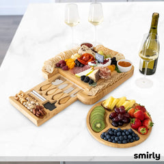 SMIRLY Charcuterie Board Set Large Bamboo Cheese Board with Fruit Tray & 2 Ceramic Bowls Hand C Mart