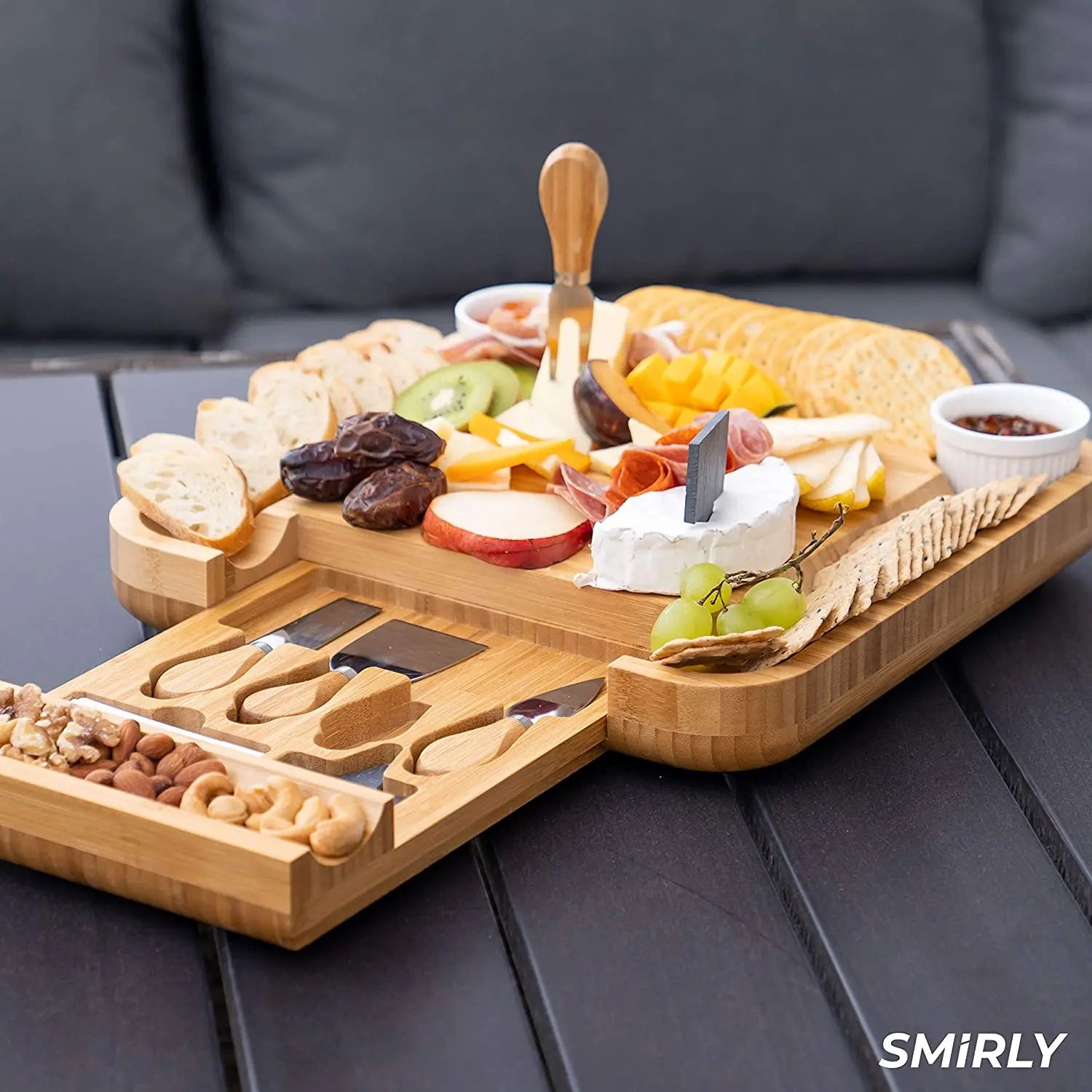 SMIRLY Charcuterie Board Set Large Bamboo Cheese Board with Fruit Tray & 2 Ceramic Bowls Hand C Mart