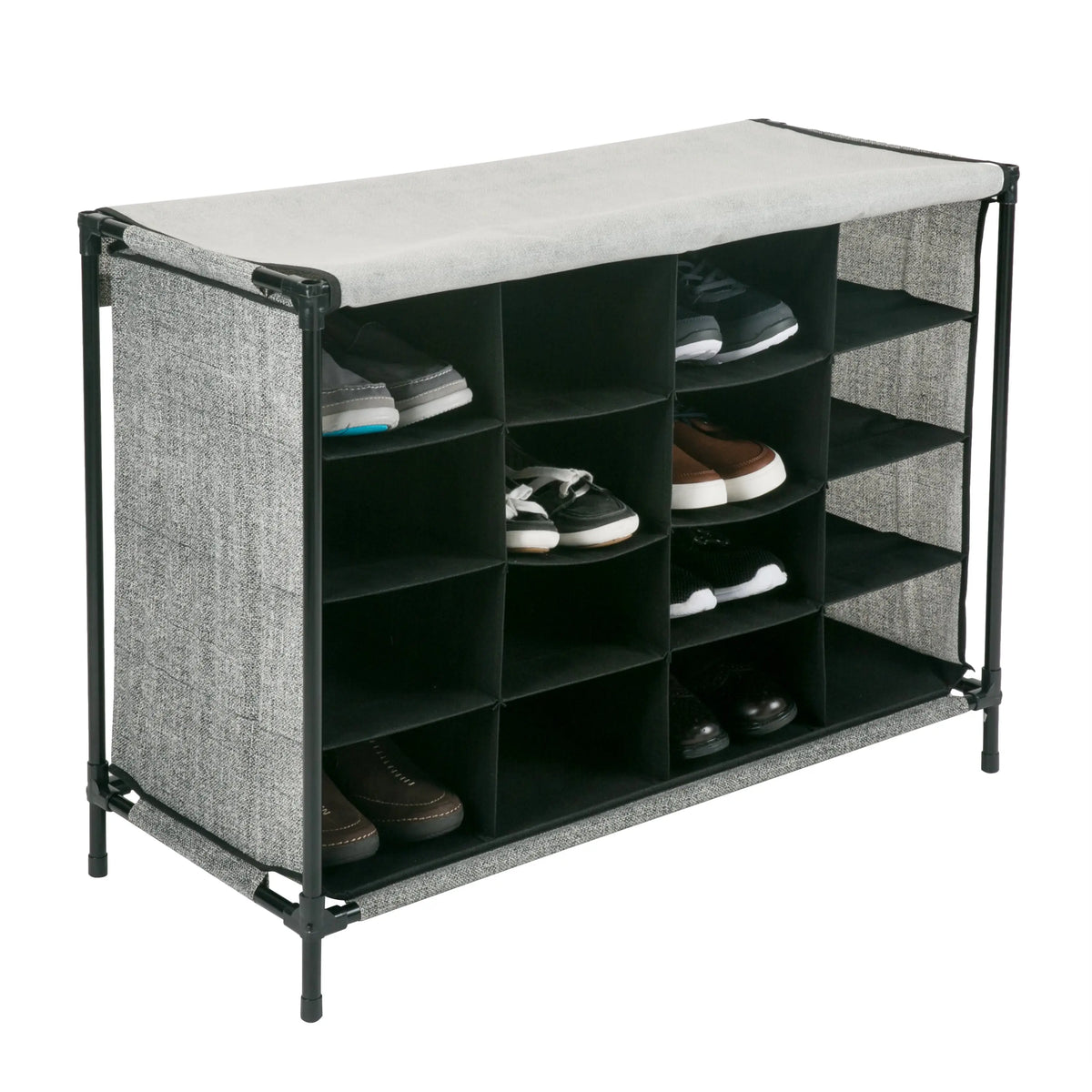 Simplify 16 Compartment 4 Tier Fabric Shoe Cubby in Black Hand C Mart