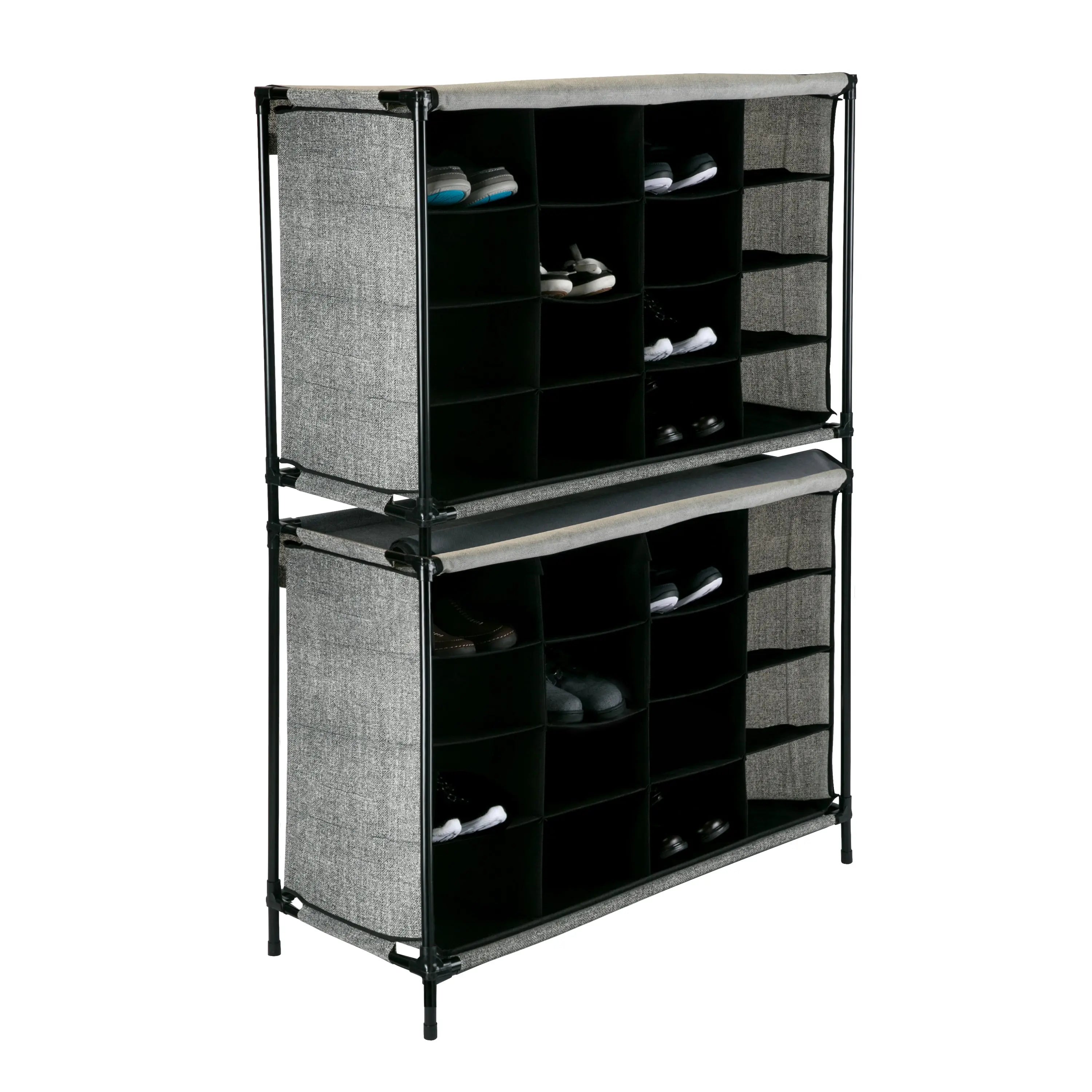 Simplify 16 Compartment 4 Tier Fabric Shoe Cubby in Black Hand C Mart