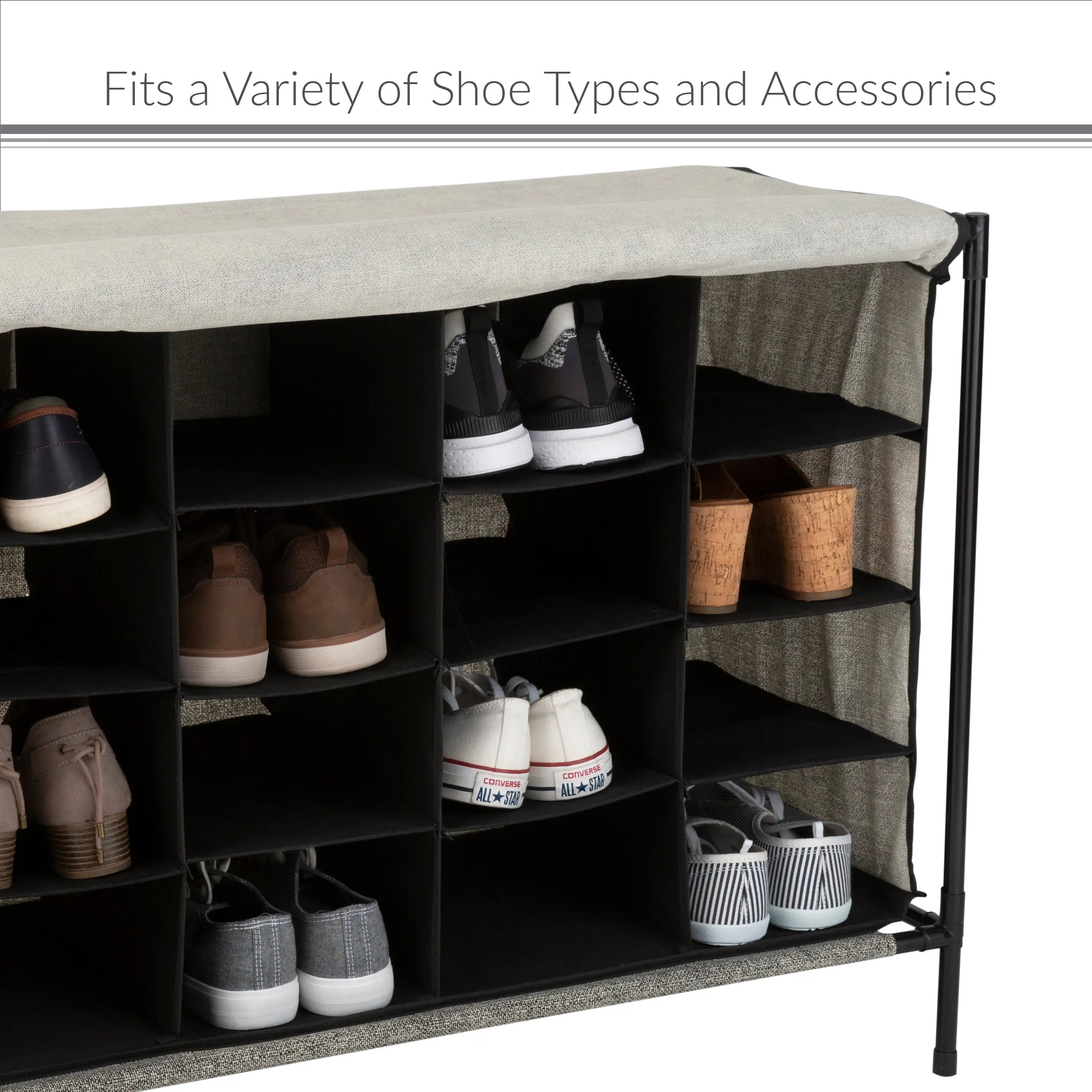 Simplify 16 Compartment 4 Tier Fabric Shoe Cubby in Black Hand C Mart