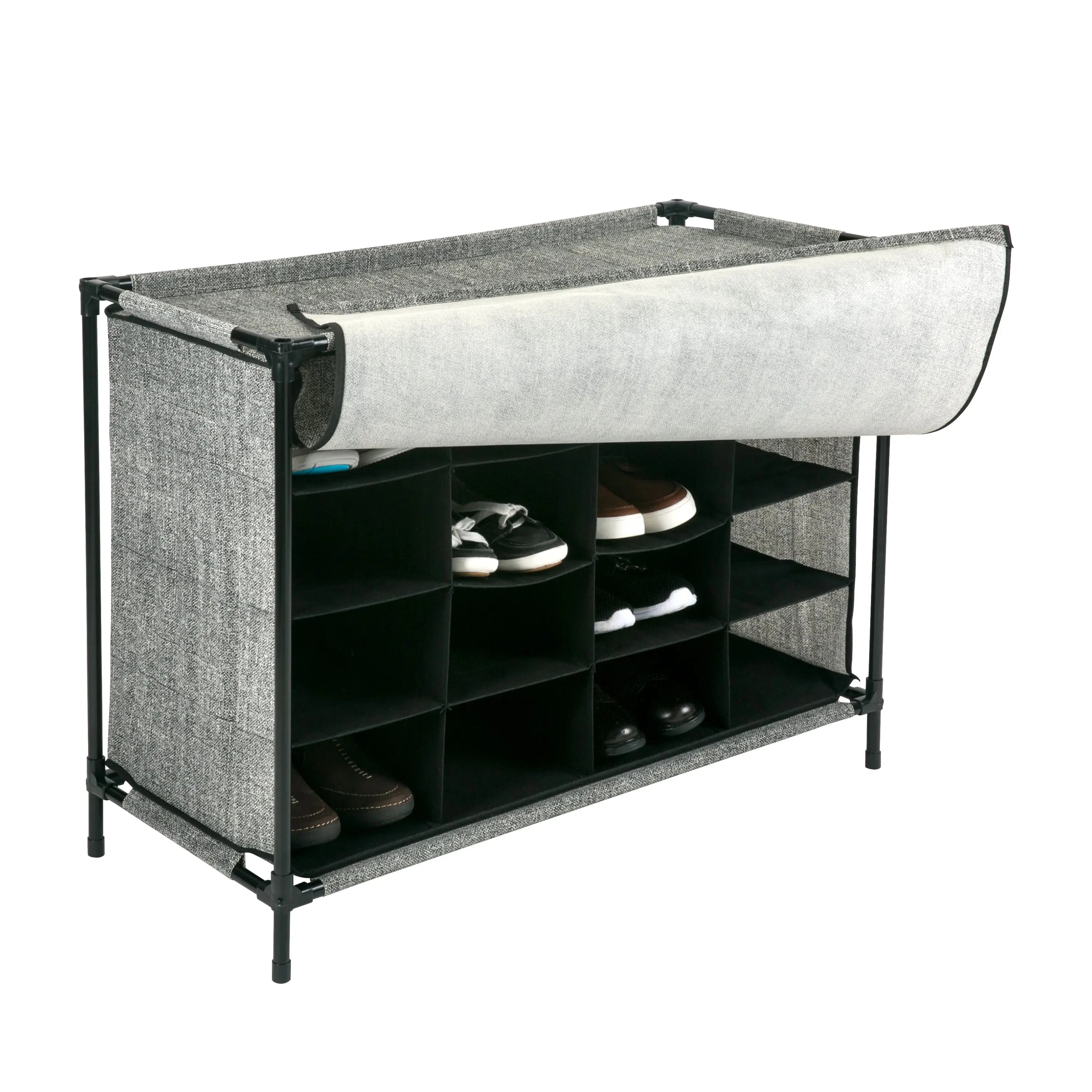 Simplify 16 Compartment 4 Tier Fabric Shoe Cubby in Black Hand C Mart