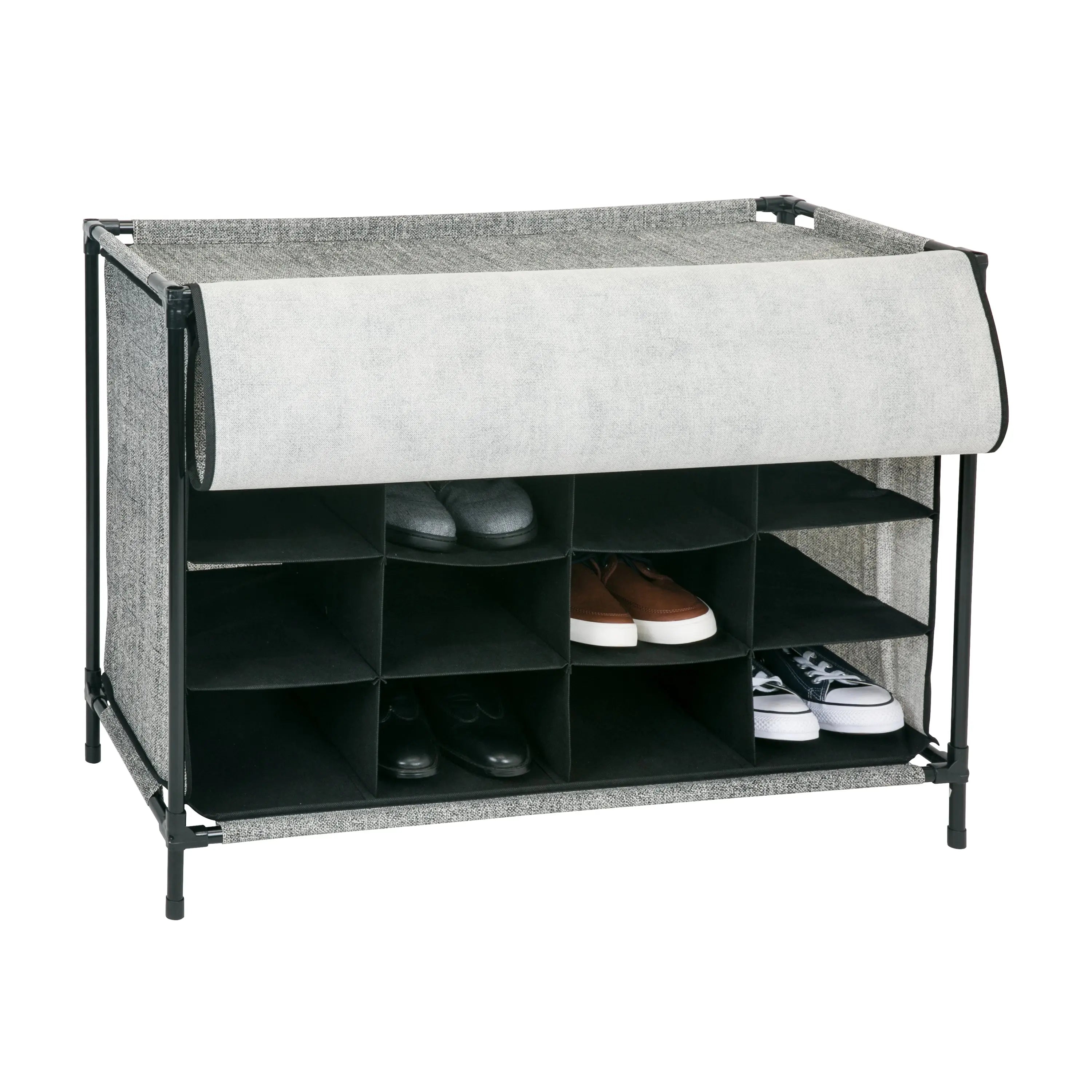 Simplify 16 Compartment 4 Tier Fabric Shoe Cubby in Black Hand C Mart