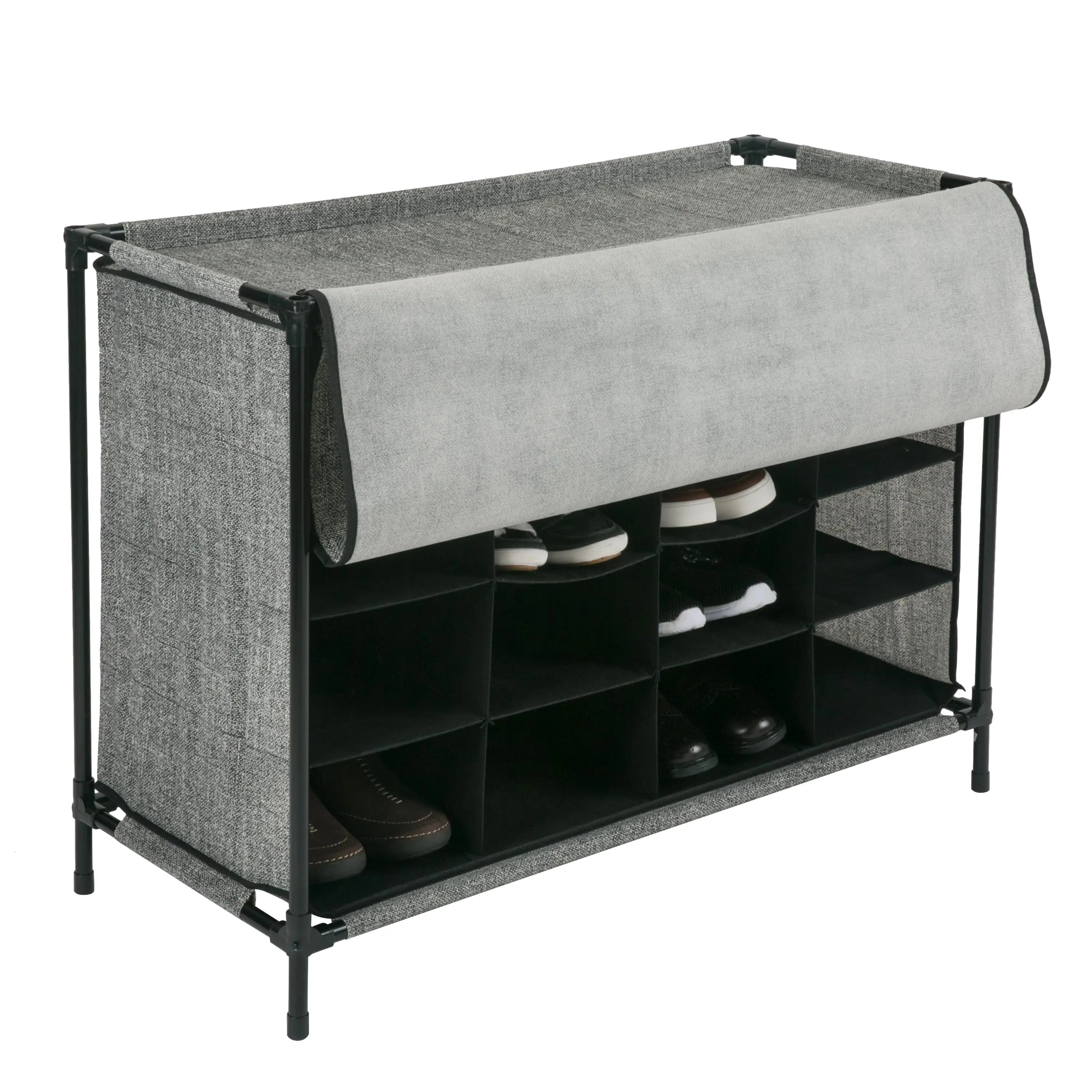 Simplify 16 Compartment 4 Tier Fabric Shoe Cubby in Black Hand C Mart