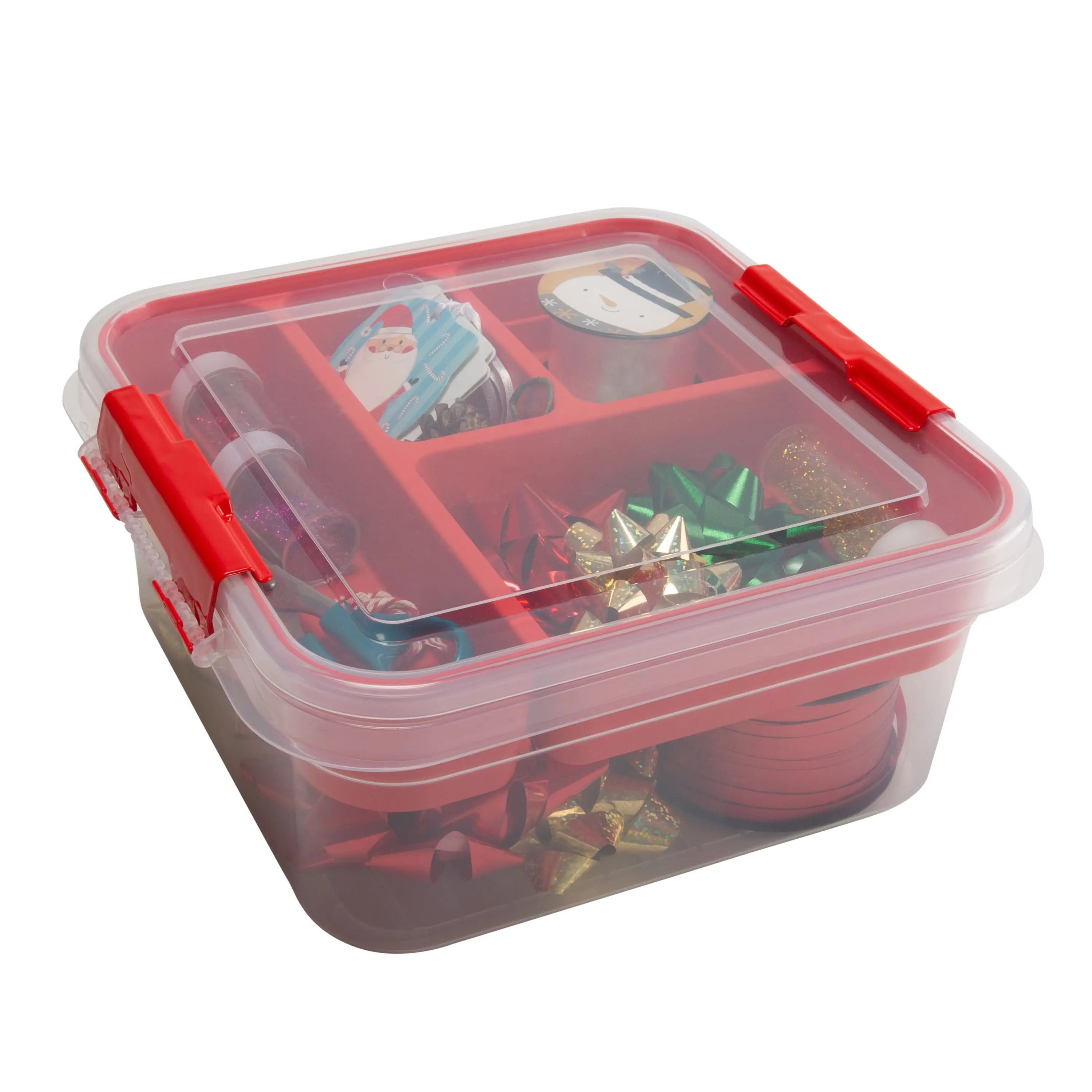 Simplify 5 Compartment Red Plastic Gift Supply Storage Box with clear lid
