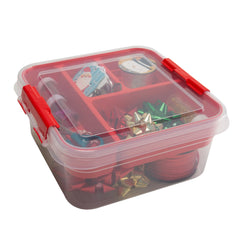 Simplify 5 Compartment Red Plastic Gift Supply Storage Box with clear lid
