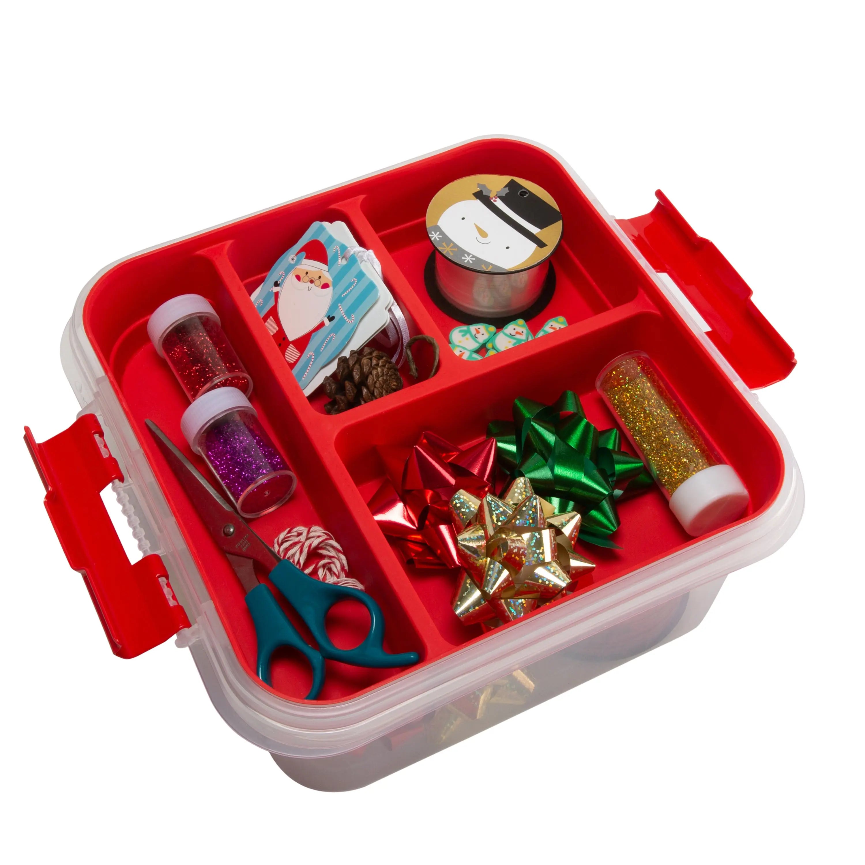 Side view of Simplify 2-tier red storage box with snap lock handles
