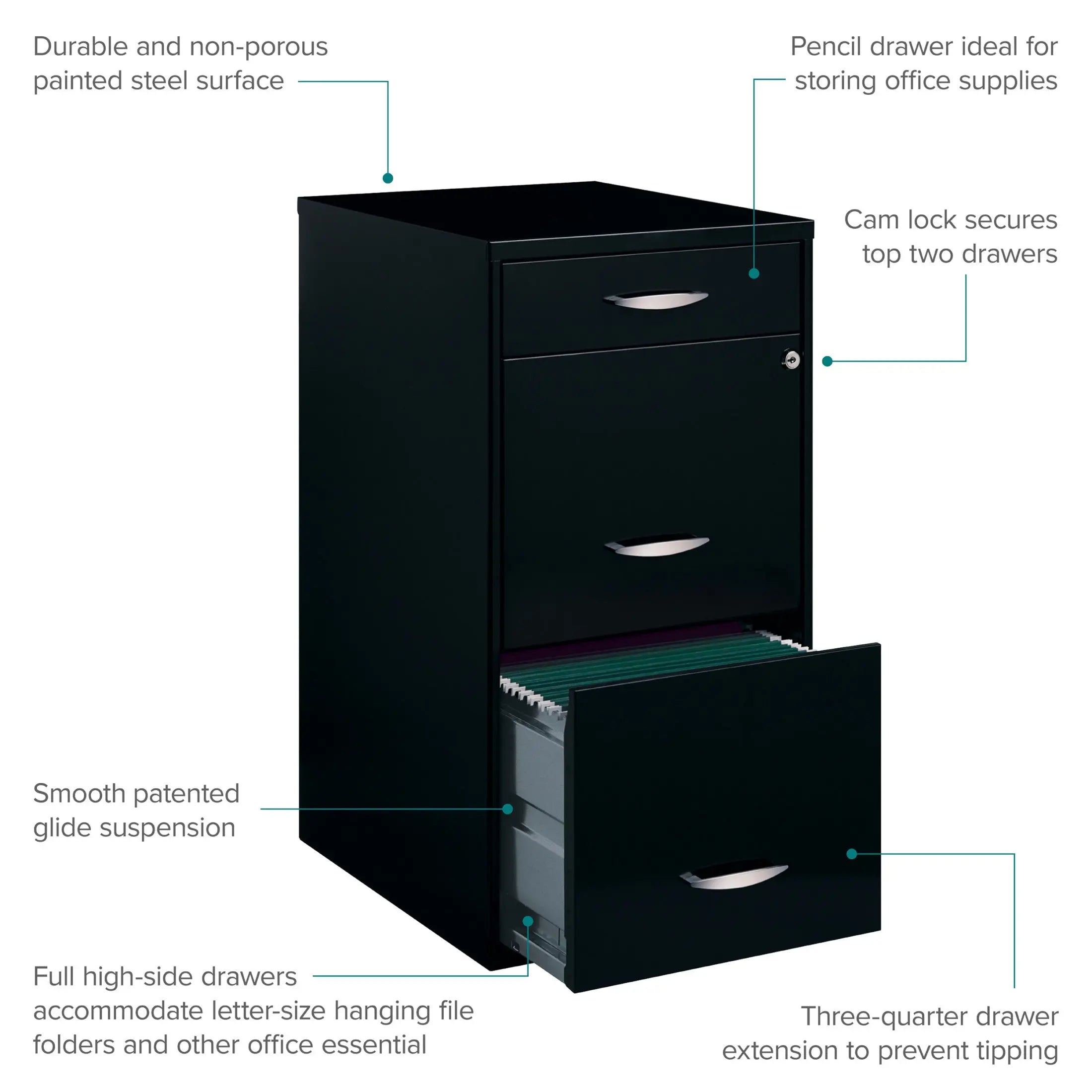 Space Solutions 3 Drawer Letter Width Vertical File Cabinet with Pencil Drawer, Black Hand C Mart