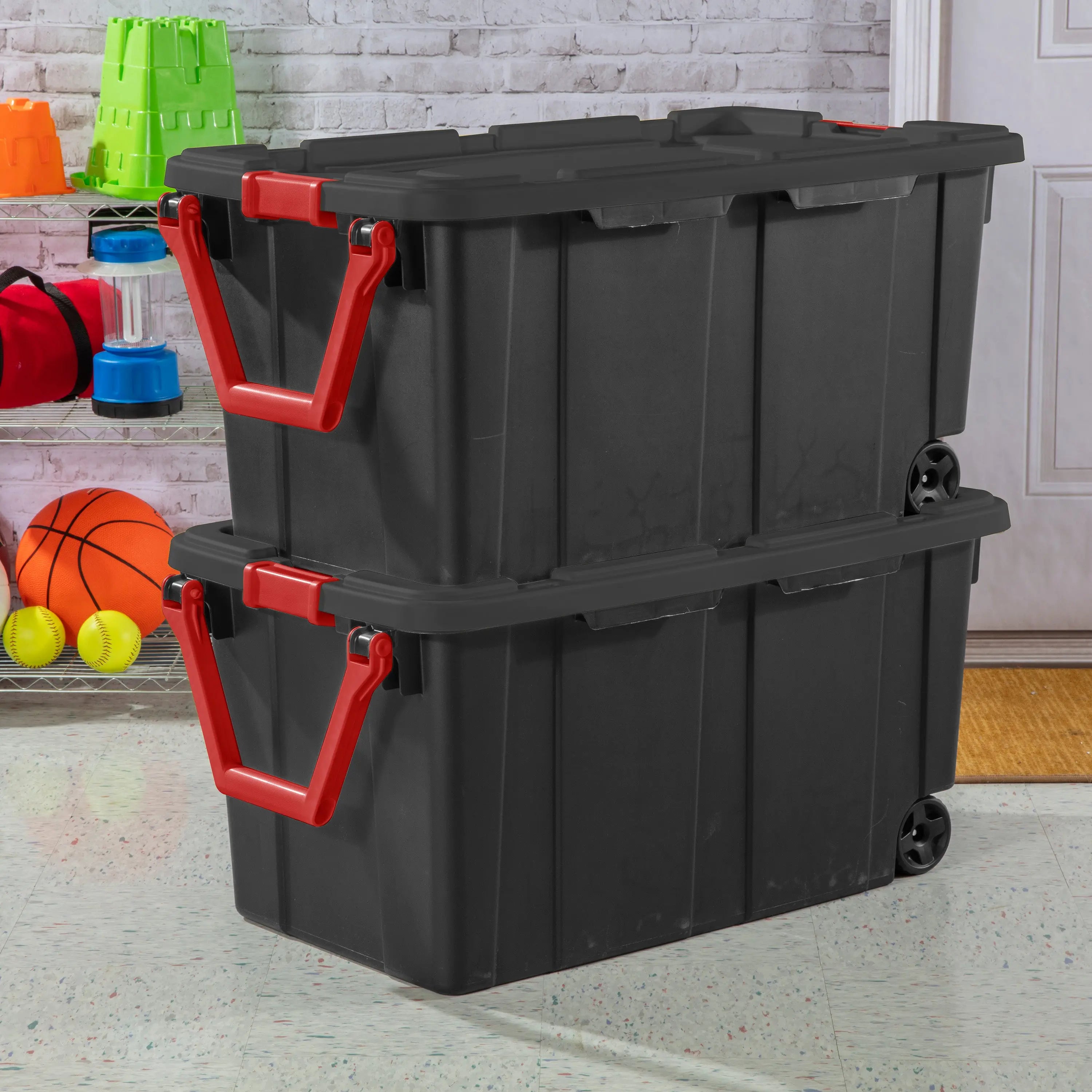 Sterilite 40 Gallon Wheeled Industrial Tote Plastic, Black, Set of 2 Hand C Mart