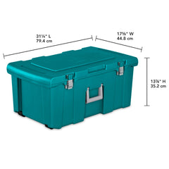 Sterilite teal storage trunk with ergonomic handles for easy carrying
