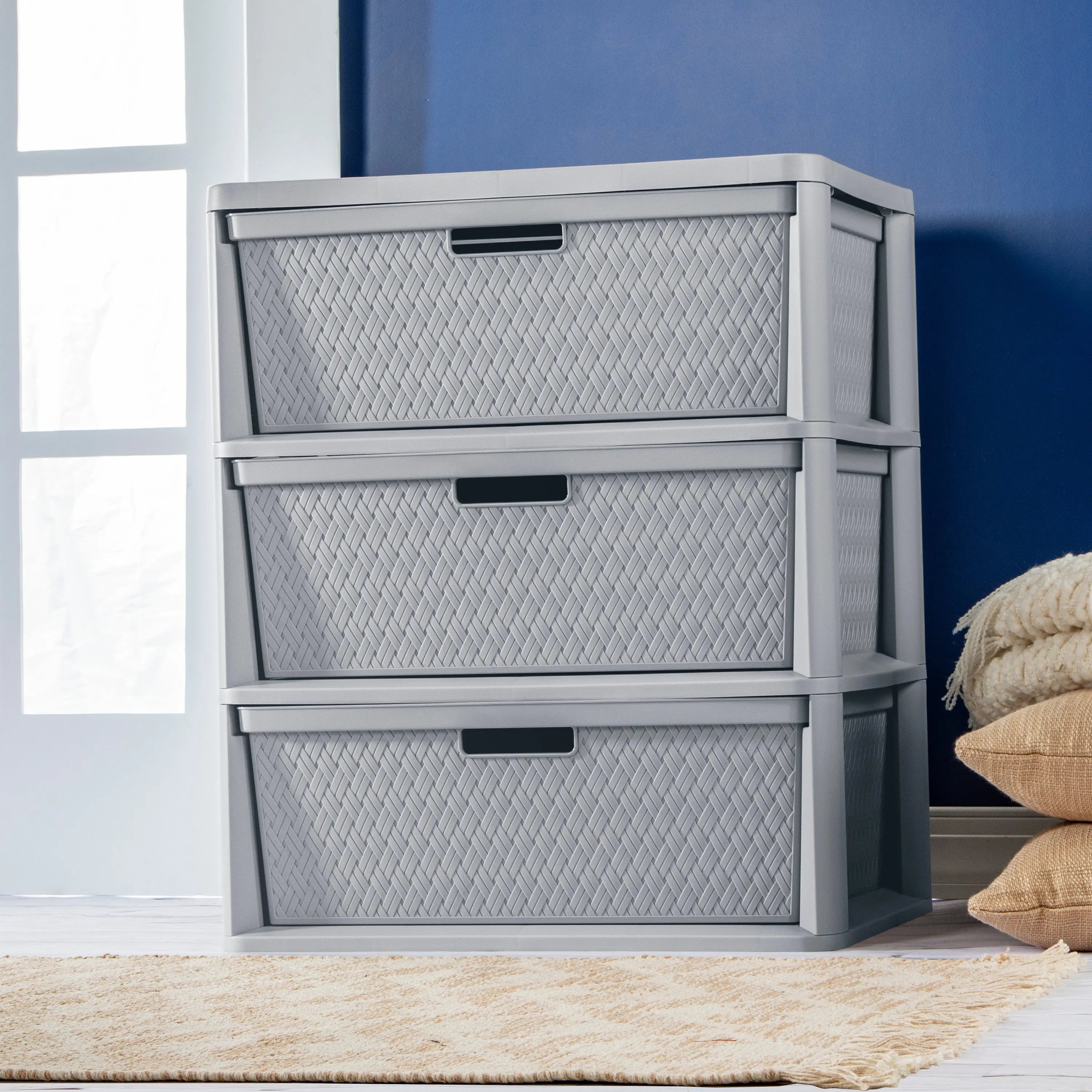 Sterilite 3-drawer tower with open drawers showing storage capacity
