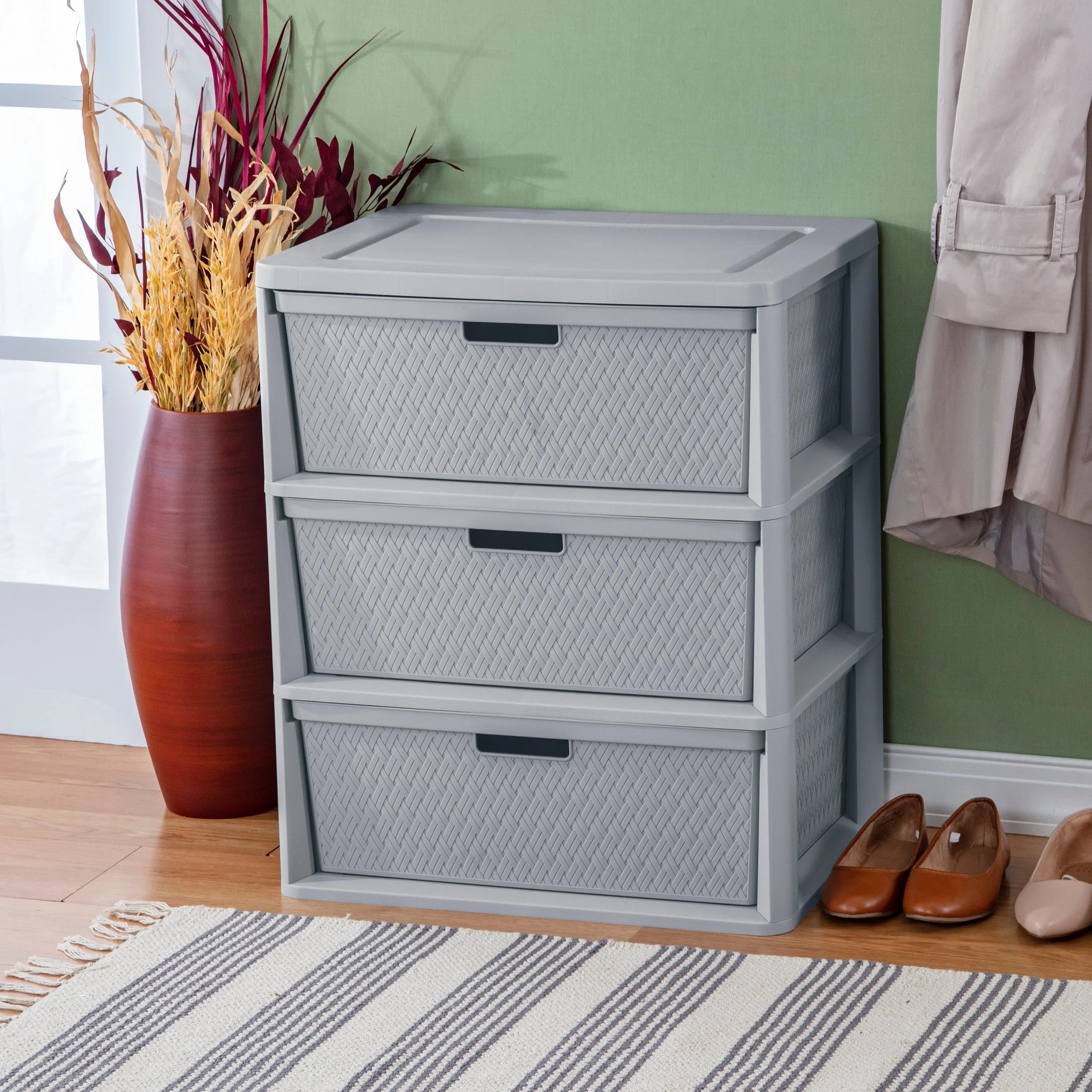 Sterilite Wide Cross-Weave Tower placed in an office corner for organization
