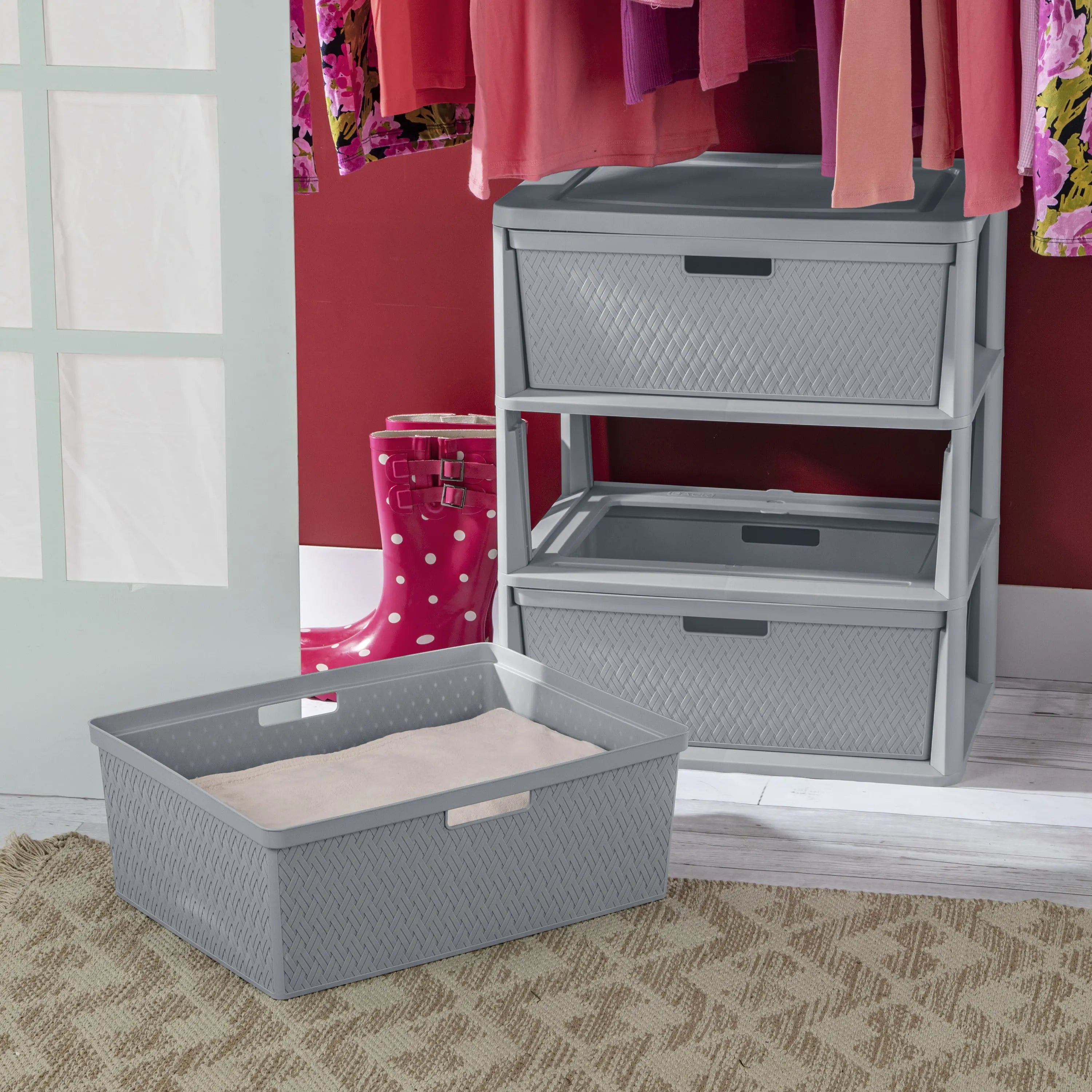 Sterilite Wide 3 Drawer Cross-Weave Tower Cement Hand C Mart