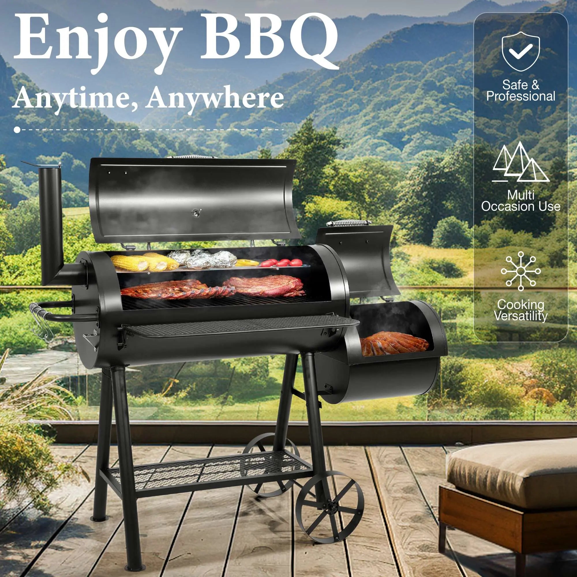 Summit Living Charcoal Grill with Offset Smoker 941 sq.in. Extra Large BBQ Grill Black Hand C Mart