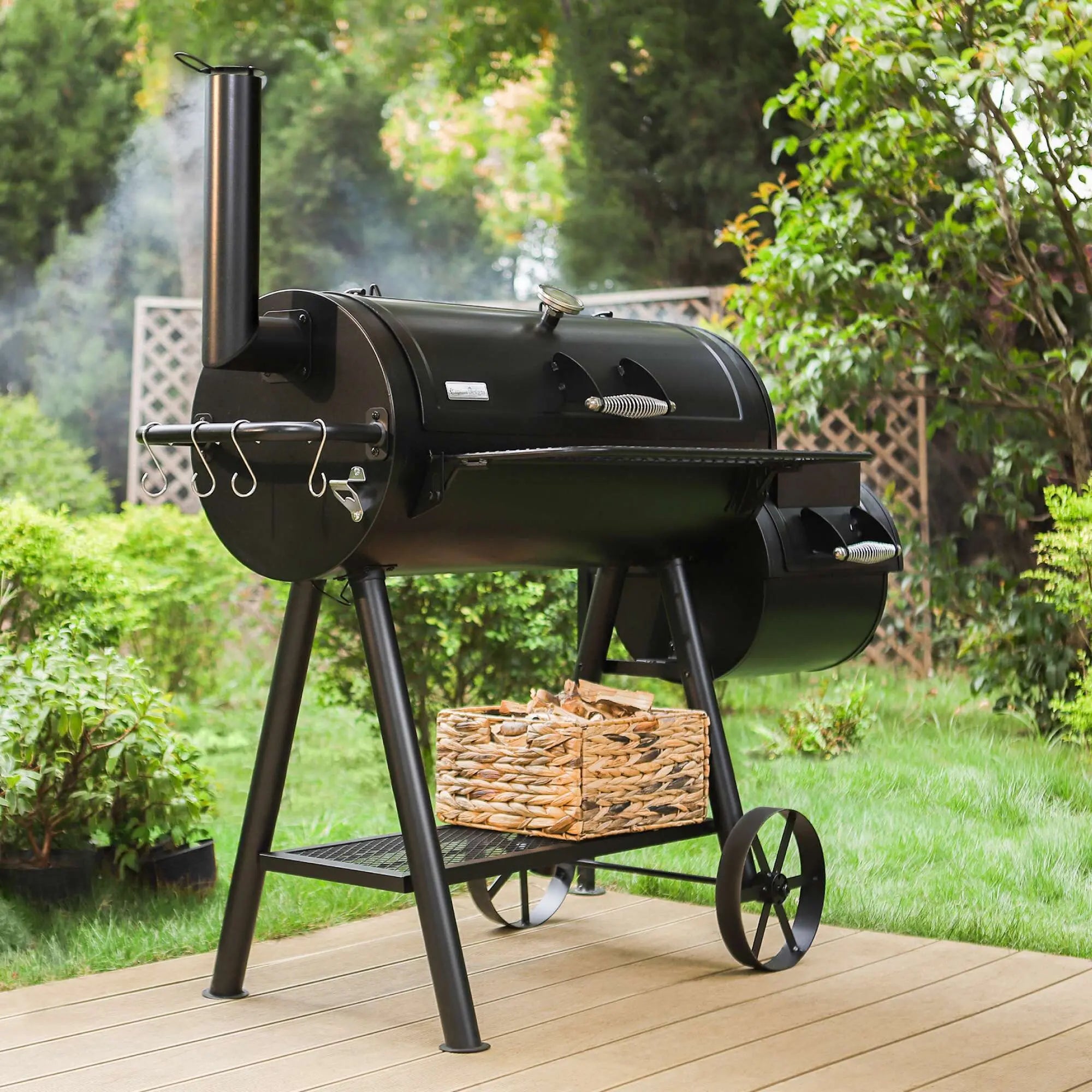 Summit Living Charcoal Grill with Offset Smoker 941 sq.in. Extra Large BBQ Grill Black Hand C Mart