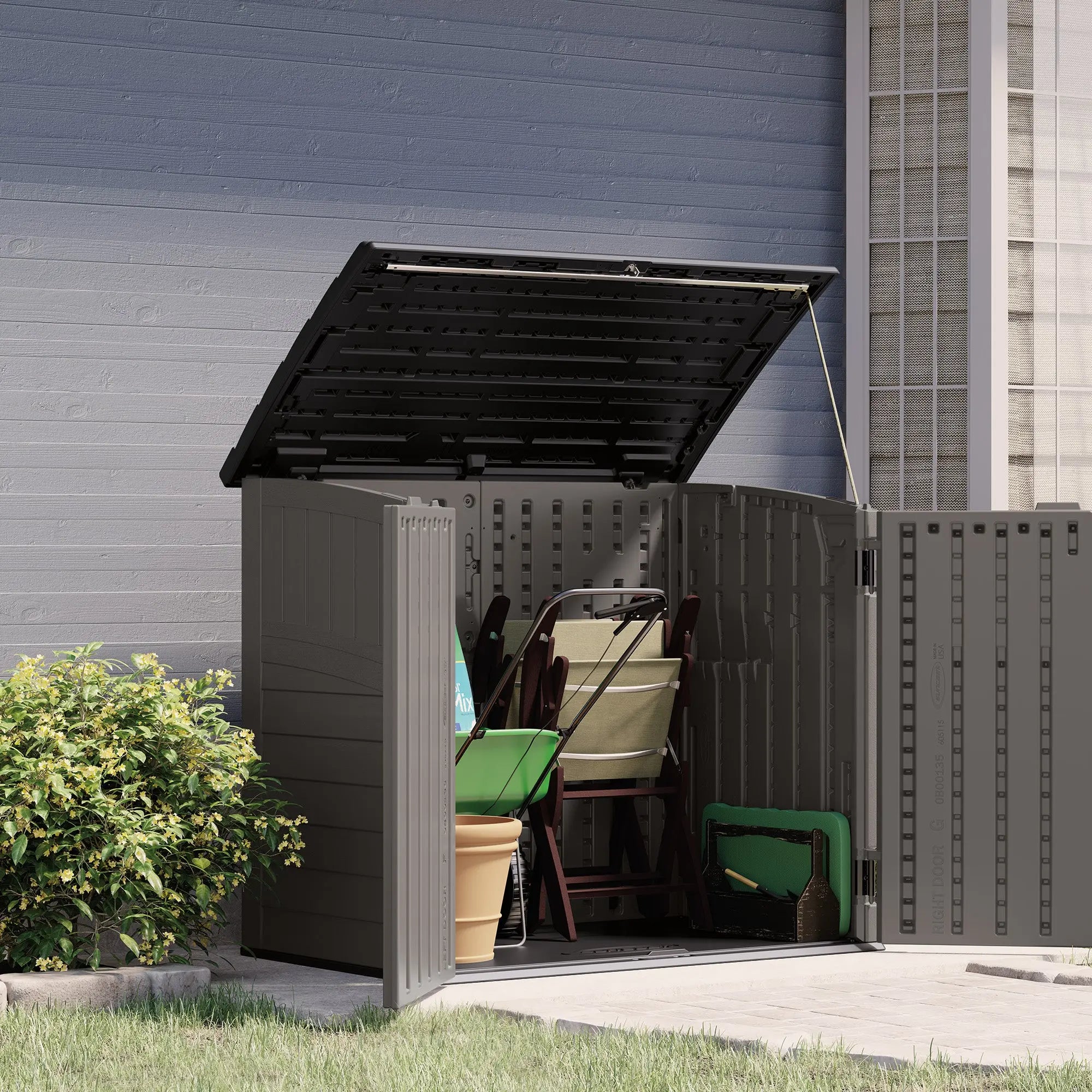 Suncast Modernist Horizontal Low-Profile Storage Shed, Gray, 3 Doors, 4'x2.5', covers 34 Cubic feet Hand C Mart