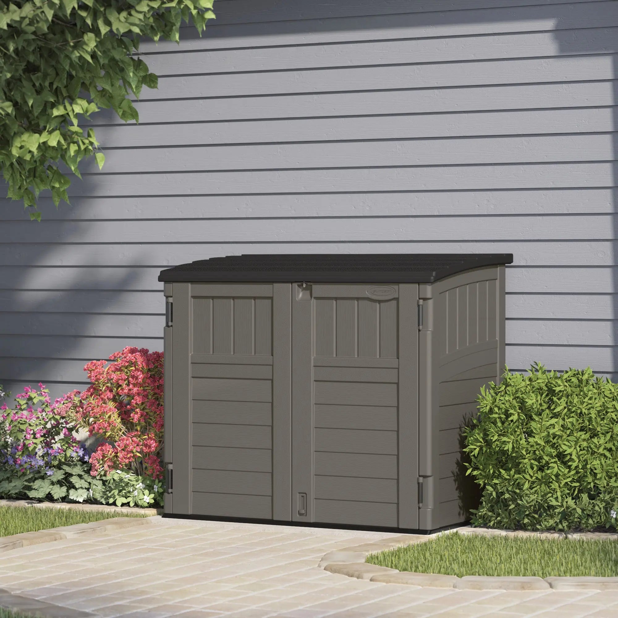 Suncast Modernist Horizontal Low-Profile Storage Shed, Gray, 3 Doors, 4'x2.5', covers 34 Cubic feet Hand C Mart