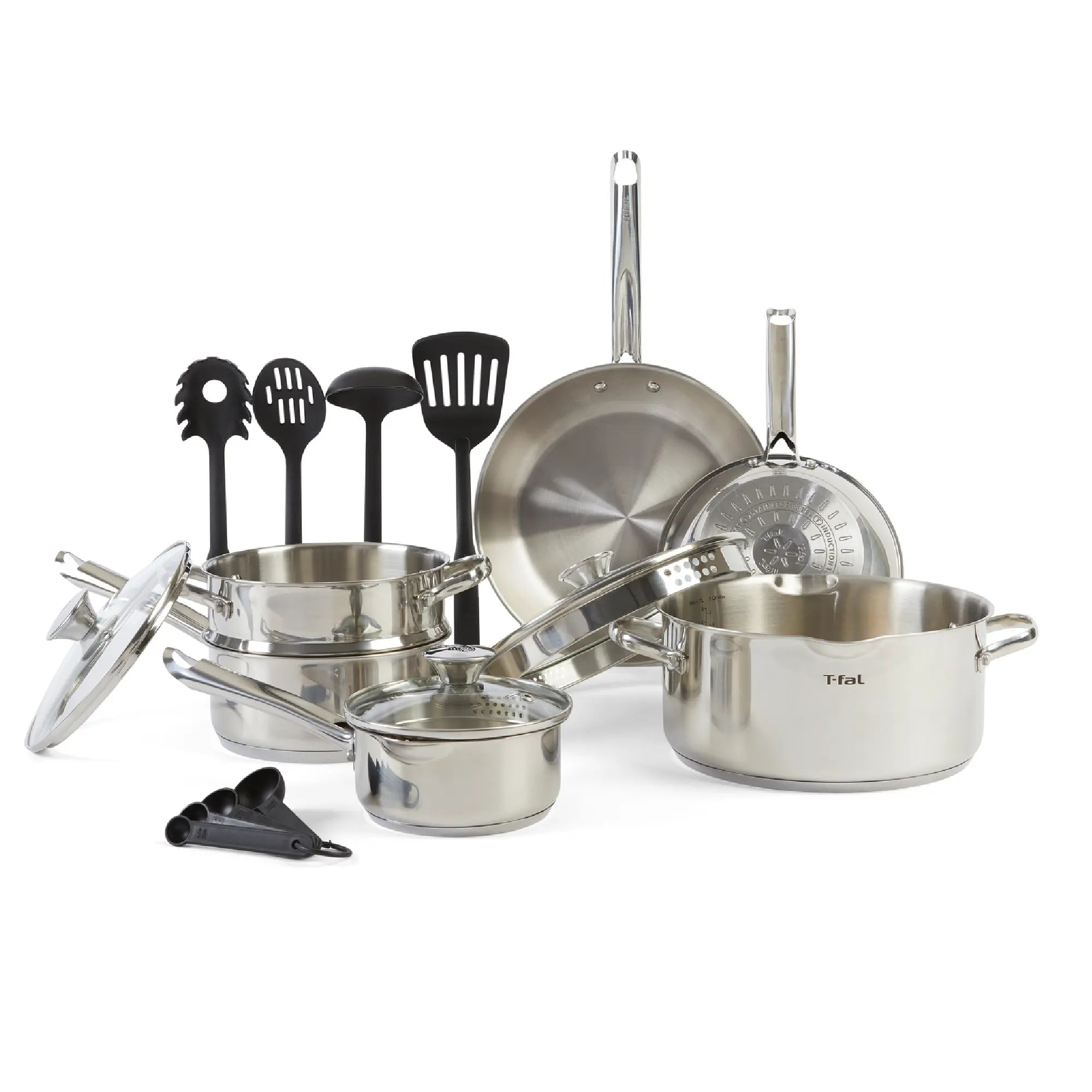 T-fal Cook & Strain Stainless Steel Cookware Set, 14 Piece Set, Dishwasher Safe Hand C Mart