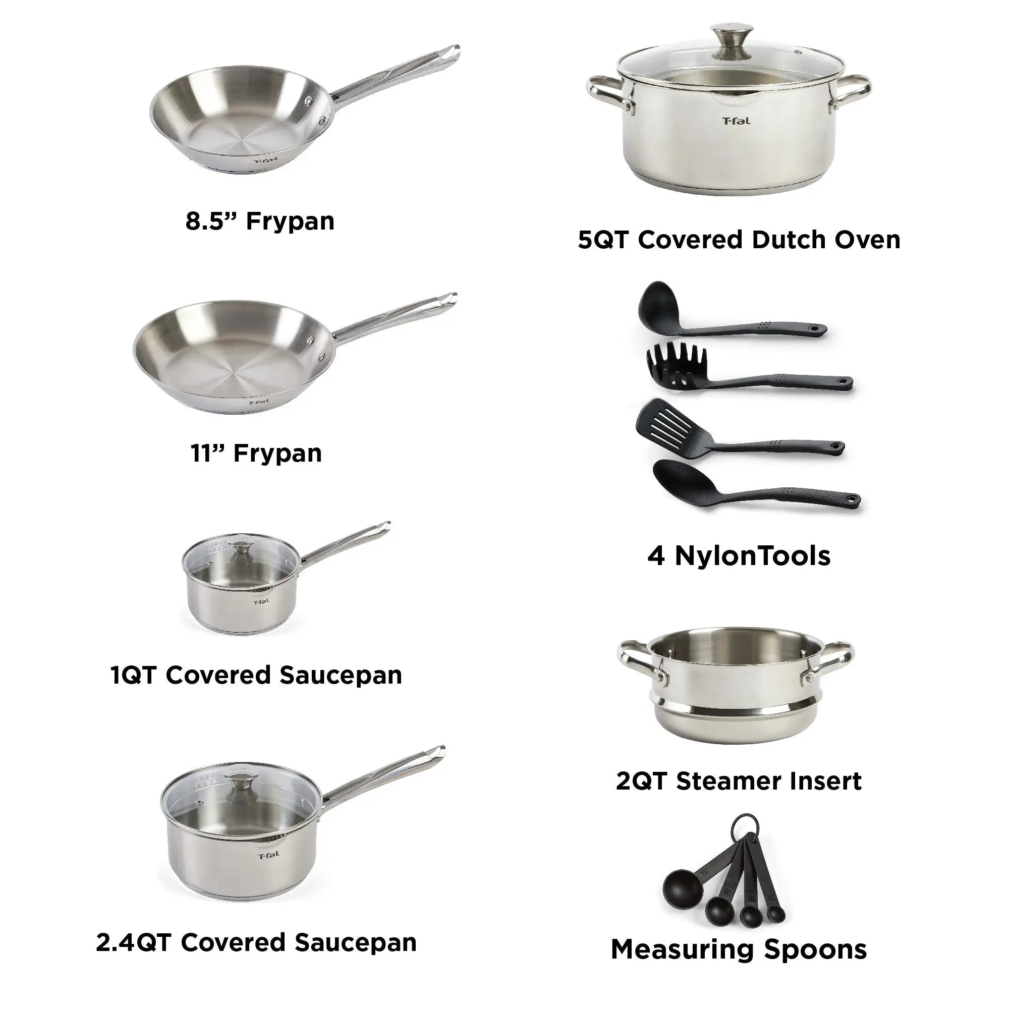 T-fal Cook & Strain Stainless Steel Cookware Set, 14 Piece Set, Dishwasher Safe Hand C Mart