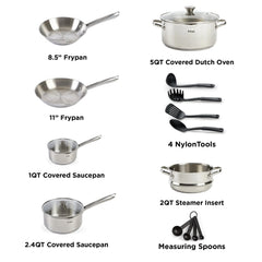 T-fal Cook & Strain Stainless Steel Cookware Set, 14 Piece Set, Dishwasher Safe Hand C Mart