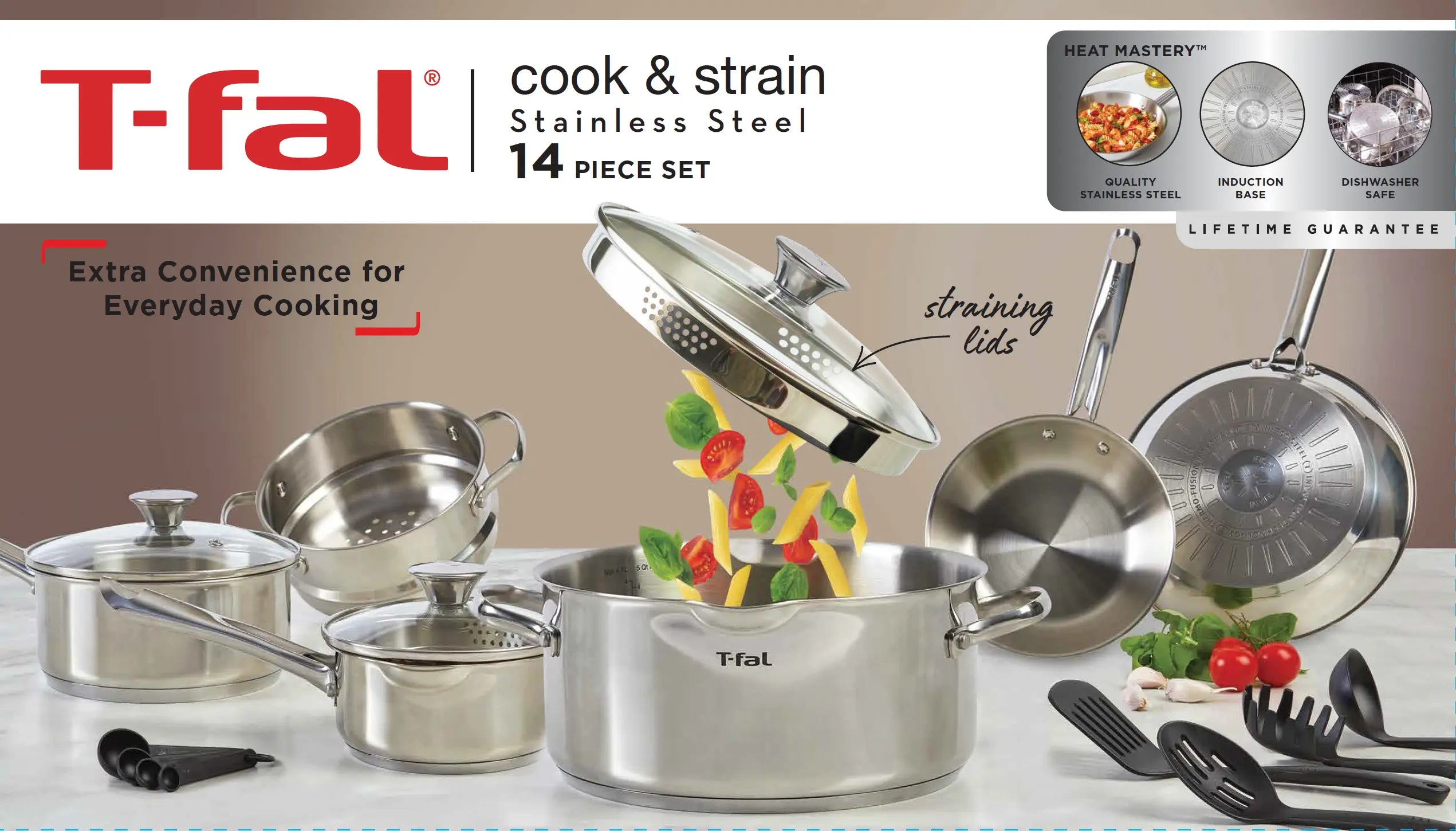 T-fal Cook & Strain Stainless Steel Cookware Set, 14 Piece Set, Dishwasher Safe Hand C Mart