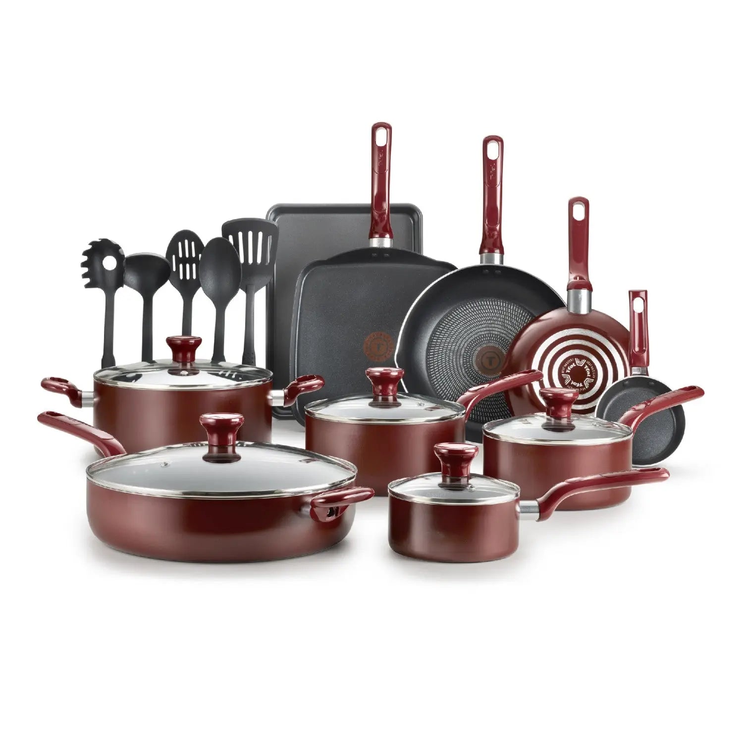 T-fal Easy Care Nonstick Cookware, 20 Piece Set, Red Hand C Mart