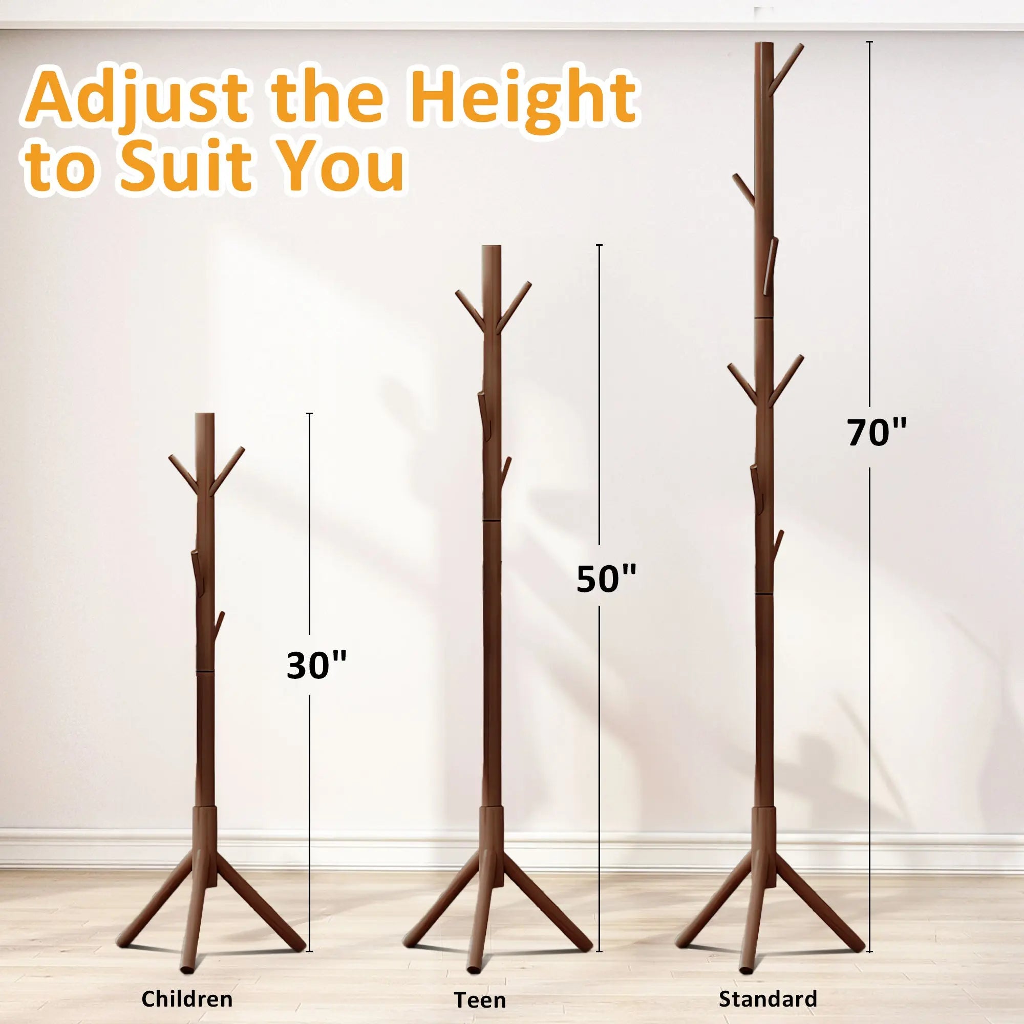 TICKJOY Coat Rack Stand, Brown Coat Tree with 3 Adjustable Size and 8 Hooks, Hat Tree for Bedroom, Hallway, Entrance, Office Hand C Mart