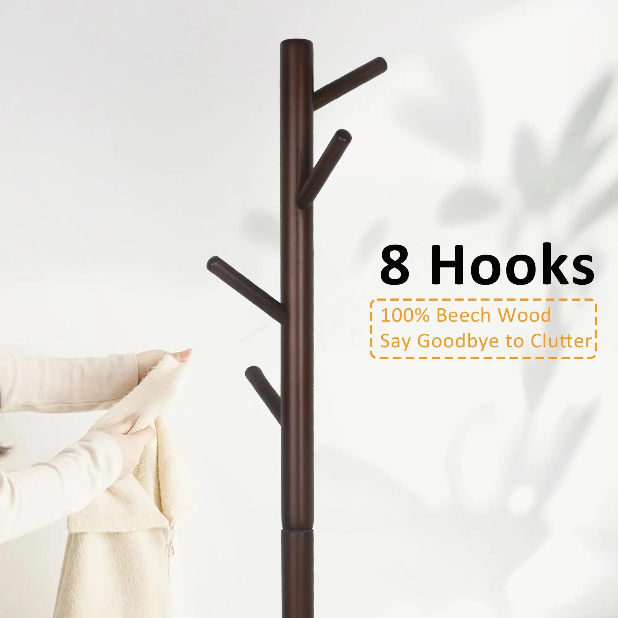 TICKJOY Coat Rack Stand, Brown Coat Tree with 3 Adjustable Size and 8 Hooks, Hat Tree for Bedroom, Hallway, Entrance, Office Hand C Mart