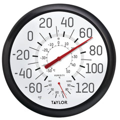 Taylor 13.25-inch Black and White Thermometer and Hygrometer mounted outdoors
