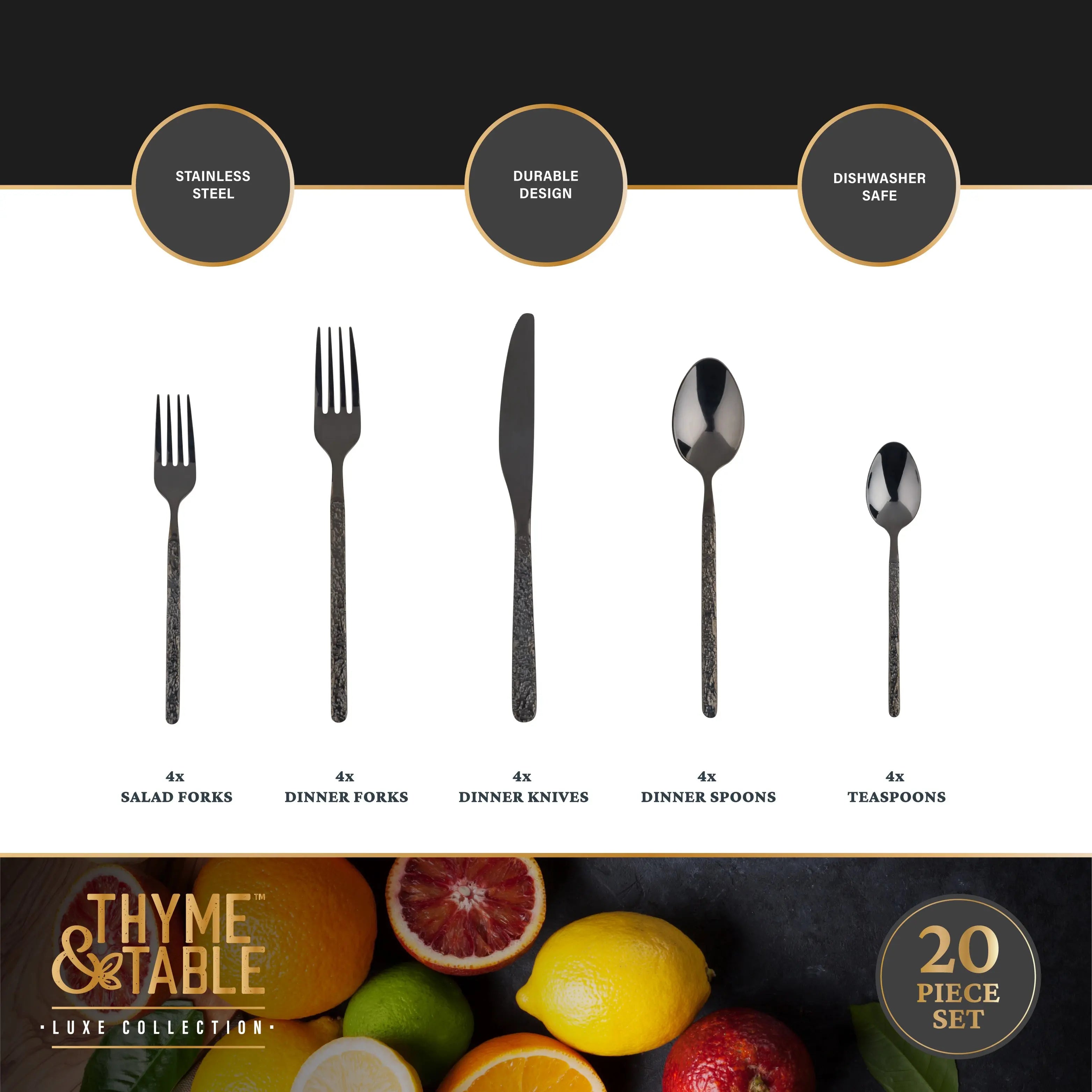 Thyme & Table 20-Piece Lumi Stainless Steel Flatware Set, Black Hand C Mart