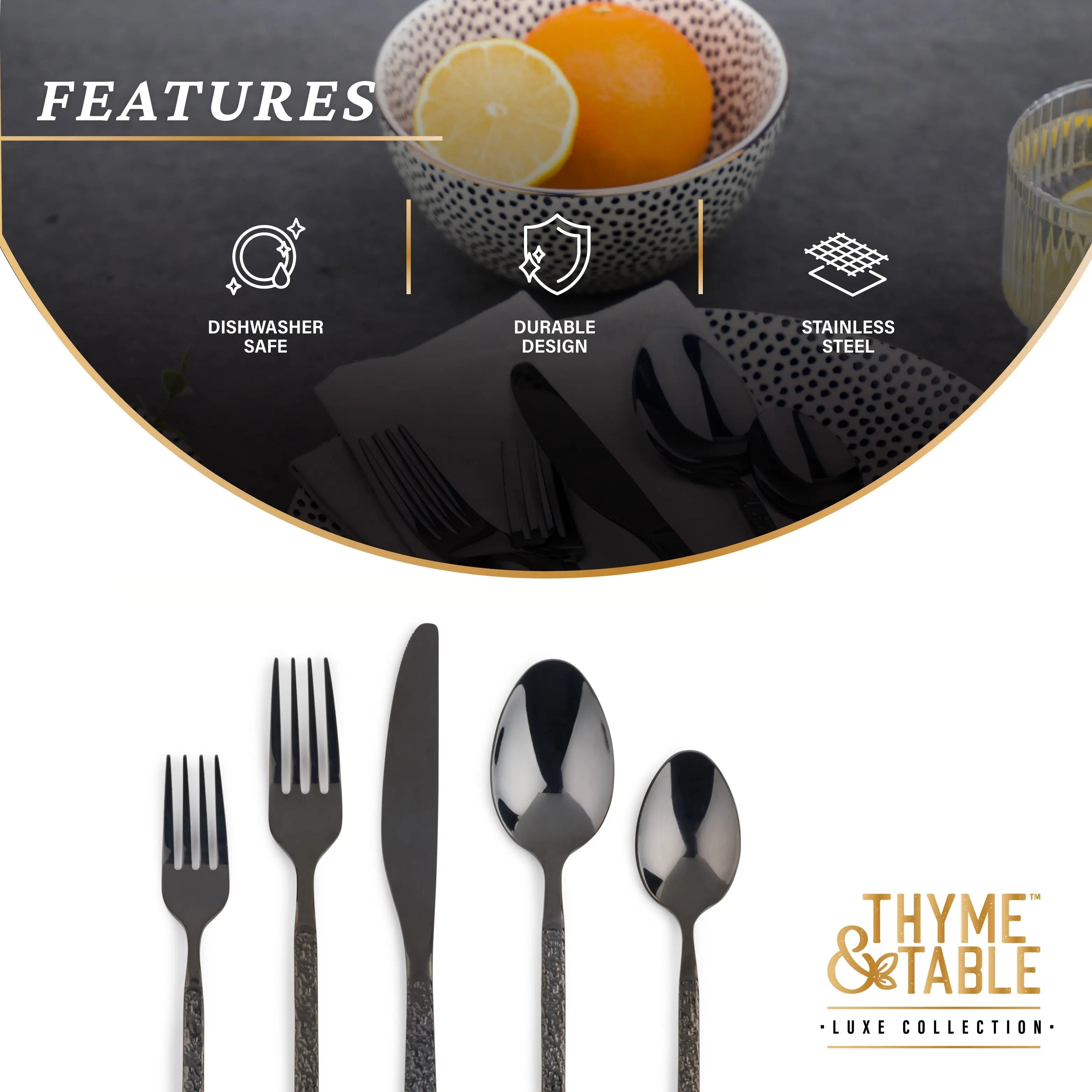 Thyme & Table 20-Piece Lumi Stainless Steel Flatware Set, Black Hand C Mart