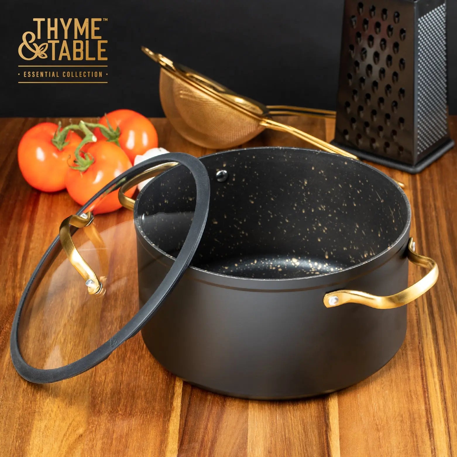 Thyme & Table Non-Stick 5 QT Signature Stock Pot with Glass Lid, Black & Gold Hand C Mart