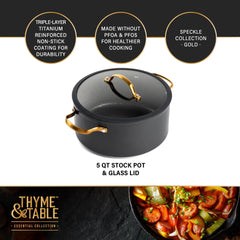 Thyme & Table Non-Stick 5 QT Signature Stock Pot with Glass Lid, Black & Gold Hand C Mart