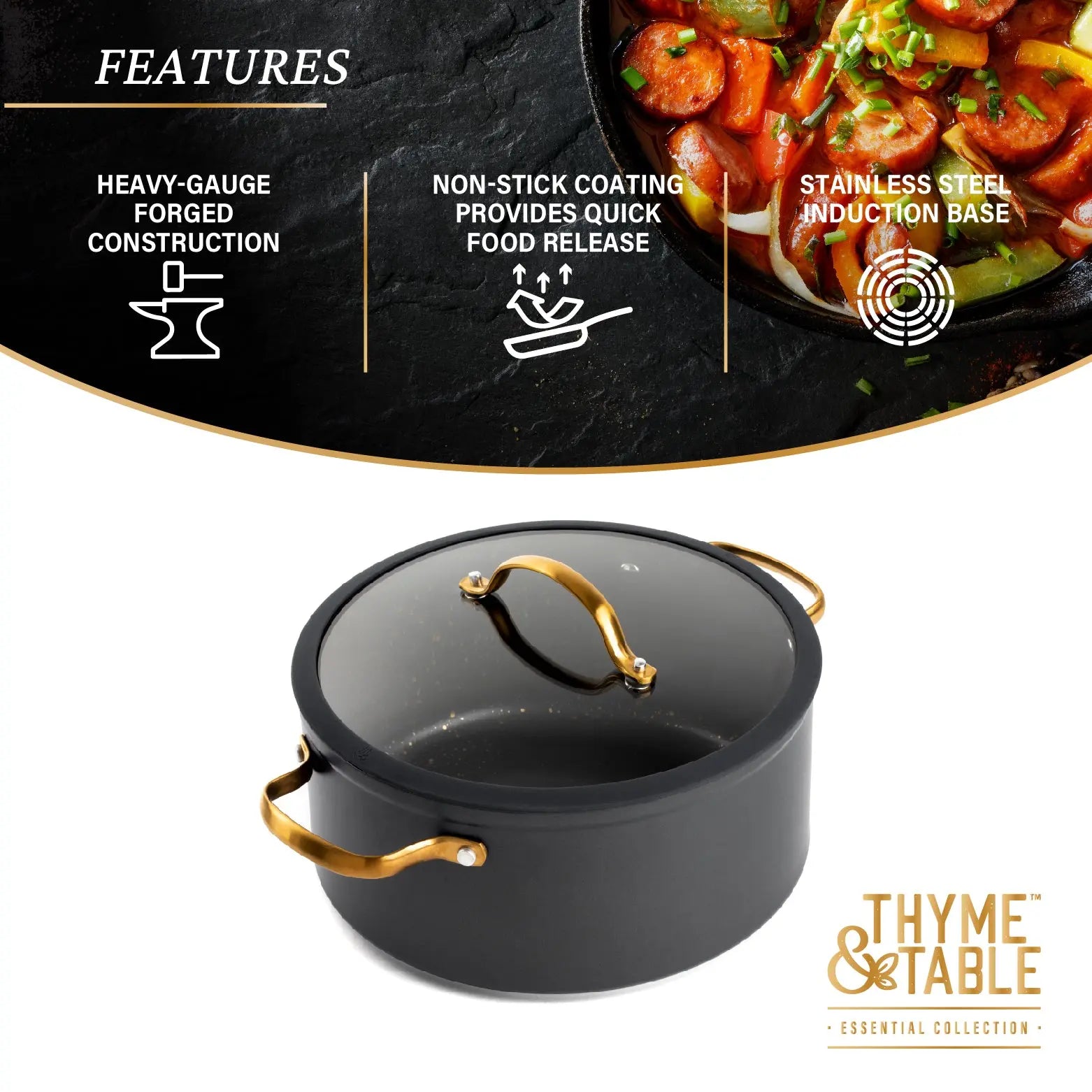 Thyme & Table Non-Stick 5 QT Signature Stock Pot with Glass Lid, Black & Gold Hand C Mart