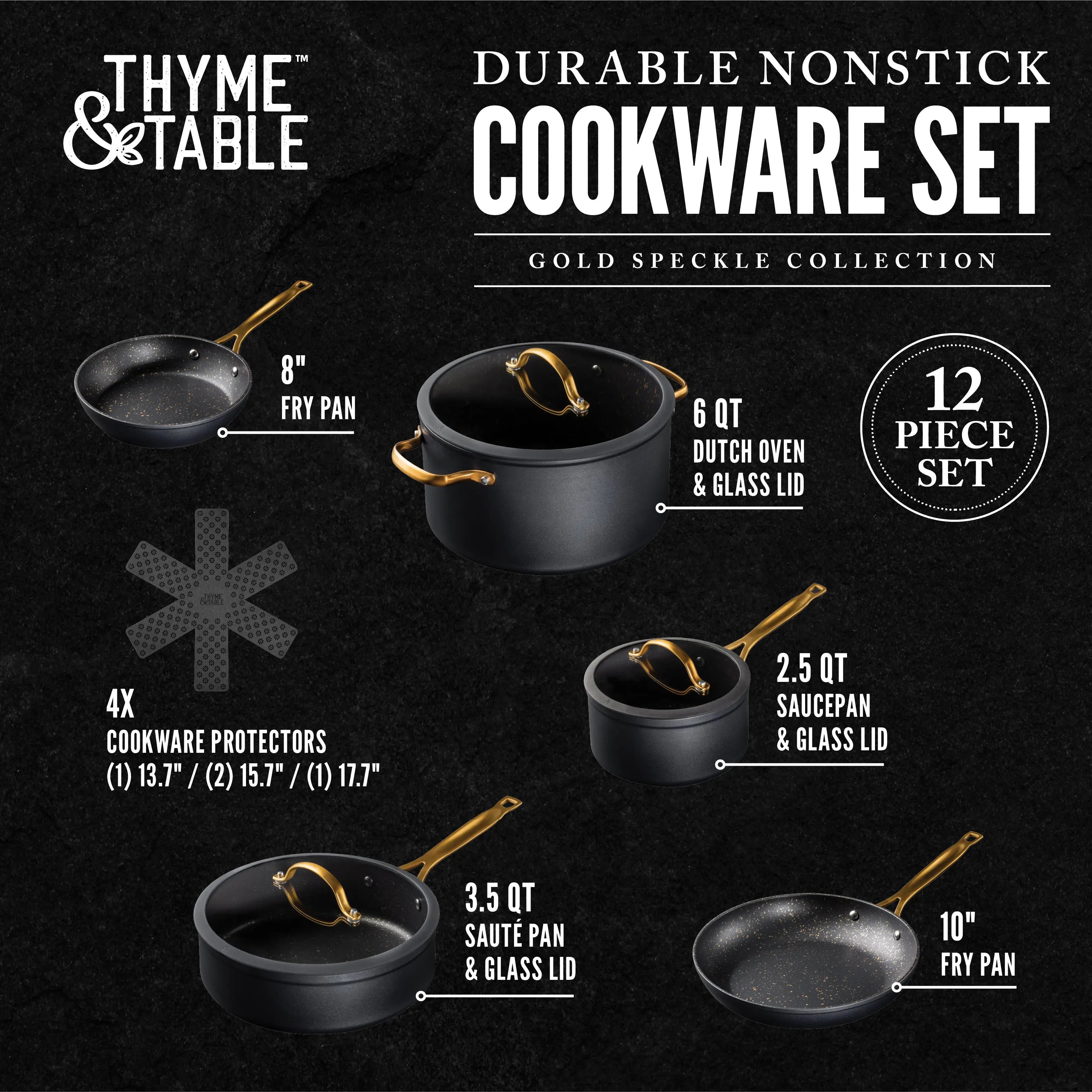 Thyme & Table Signature 12-Piece Cookware Set Non-Stick - Black & Gold Hand C Mart