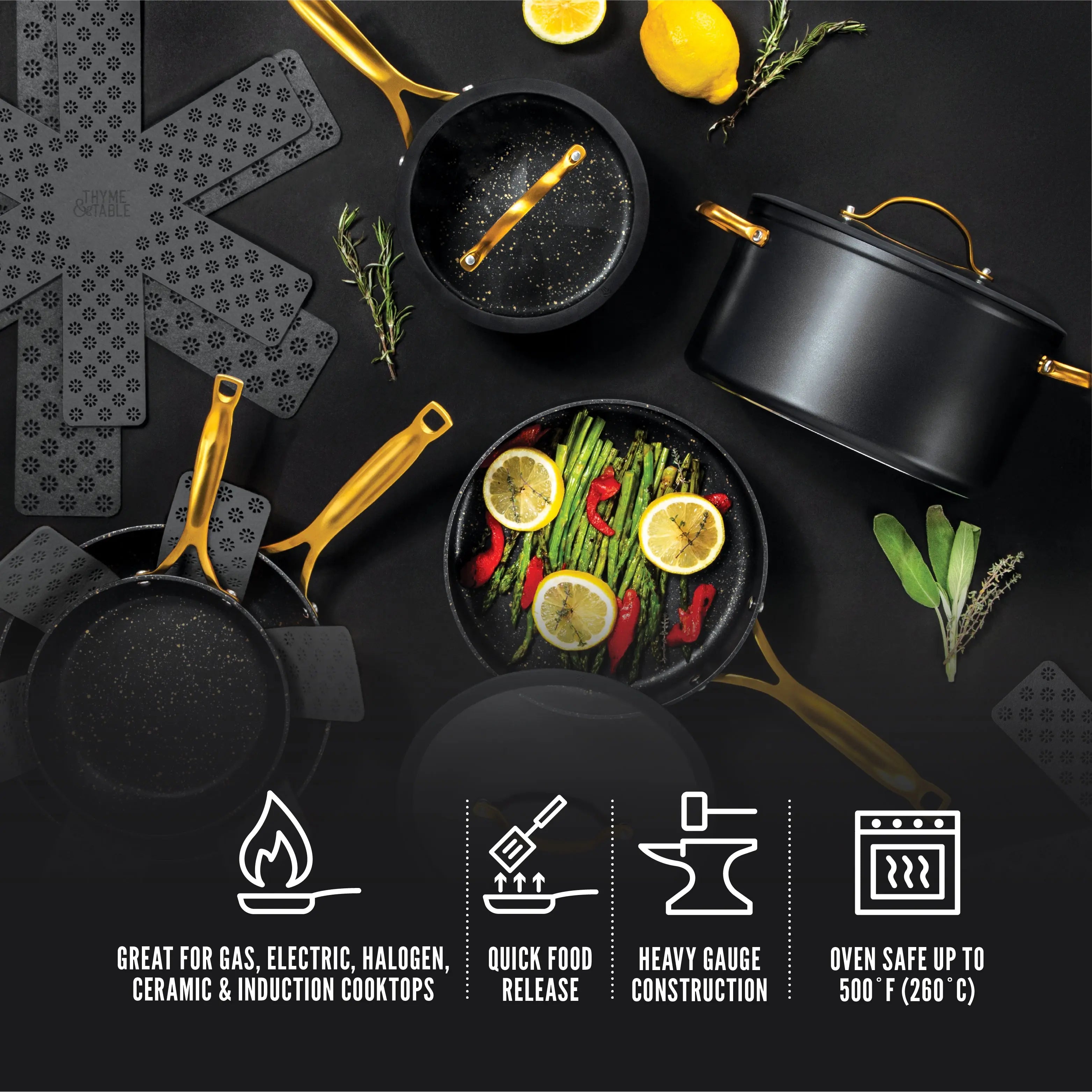 Thyme & Table Signature 12-Piece Cookware Set Non-Stick - Black & Gold Hand C Mart