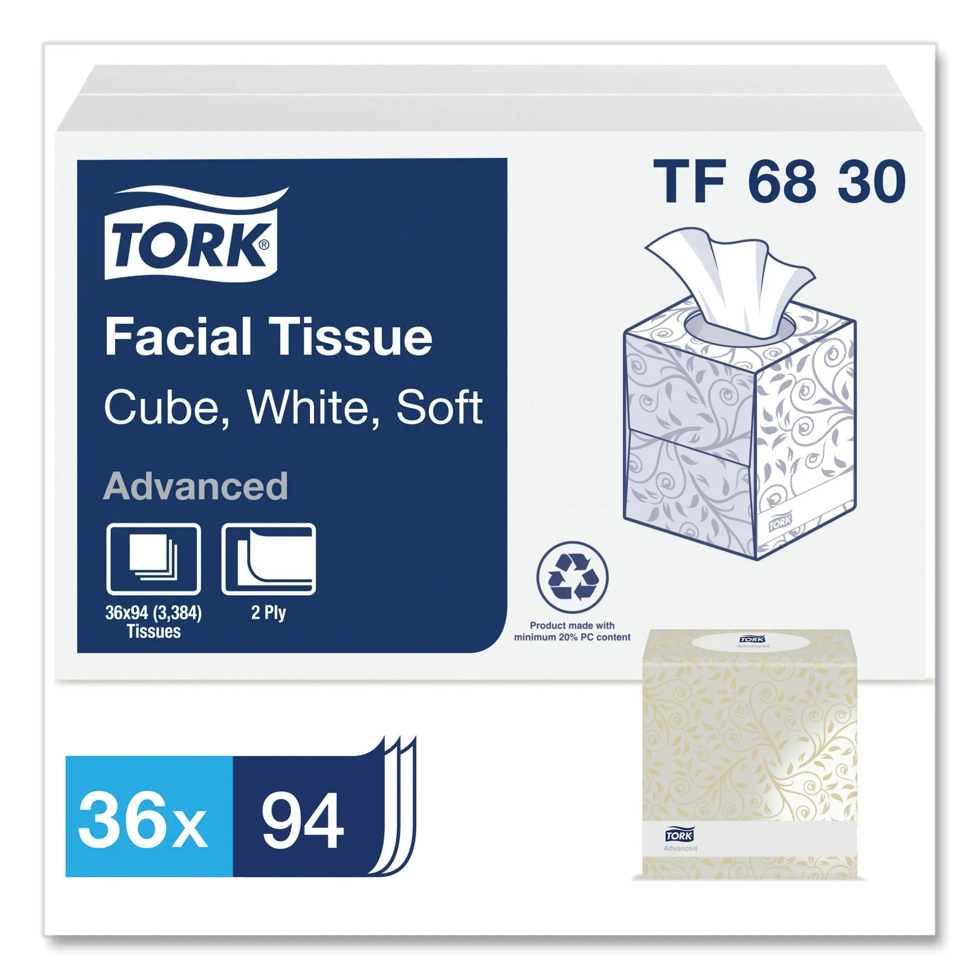 Tork Soft Facial Tissue Cube Box White, Advanced, 2-Ply, 36 x 94 Sheets, TF6830 Hand C Mart