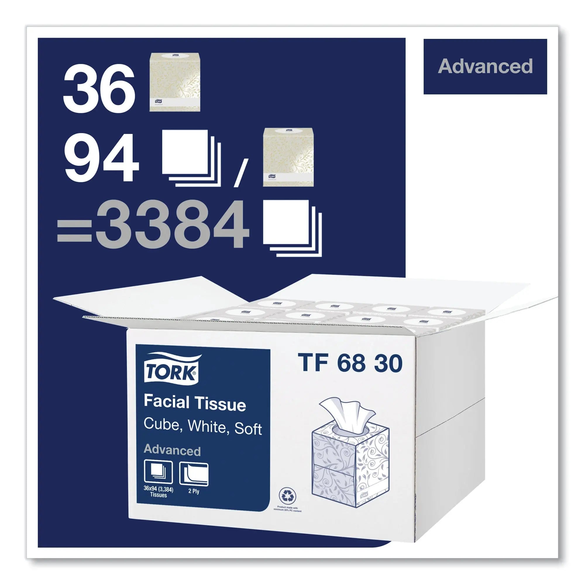 Tork Soft Facial Tissue Cube Box White, Advanced, 2-Ply, 36 x 94 Sheets, TF6830 Hand C Mart